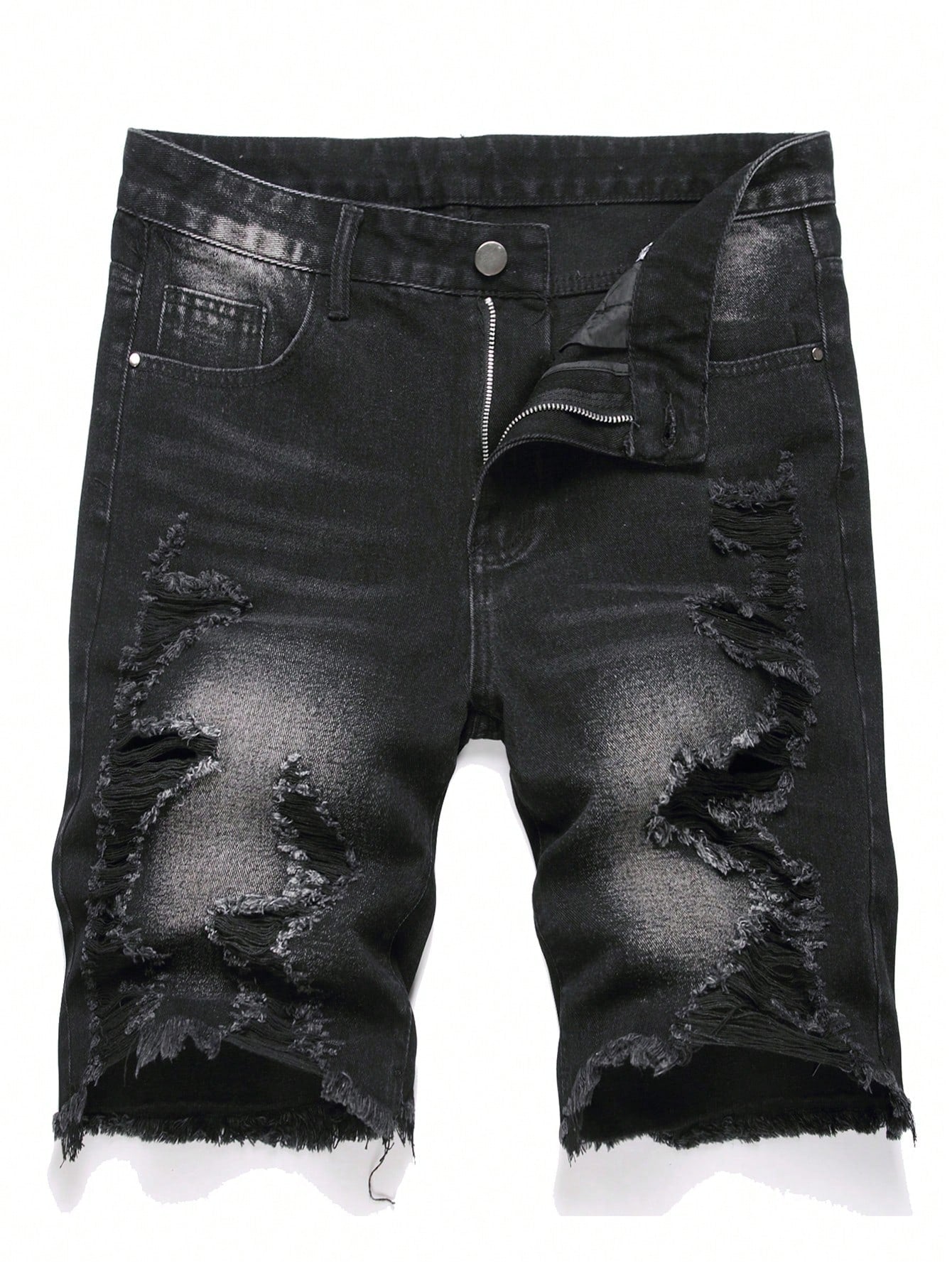 Men's Solid Color Frayed Denim Shorts With Pockets And Distressed Details, Summer