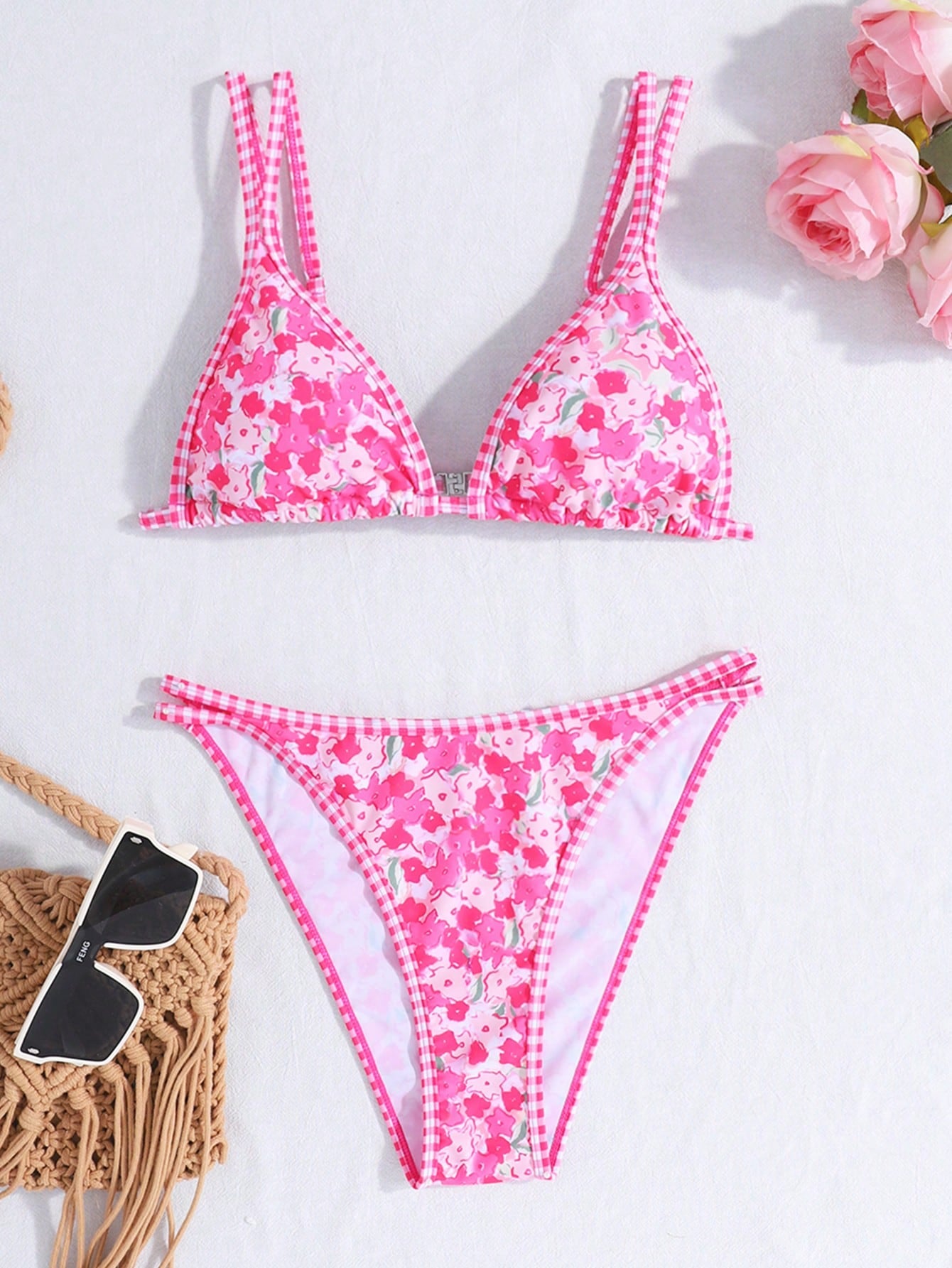 Teen Girl Floral Printed Double Shoulder Strap Bikini Casual Swimwear Set