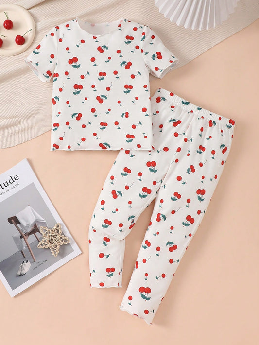 Young Girls' Cherry Patterned Knit Comfortable Casual Home Wear Flame-Retardant Short Sleeve Top And Long Pants Pajamas Set