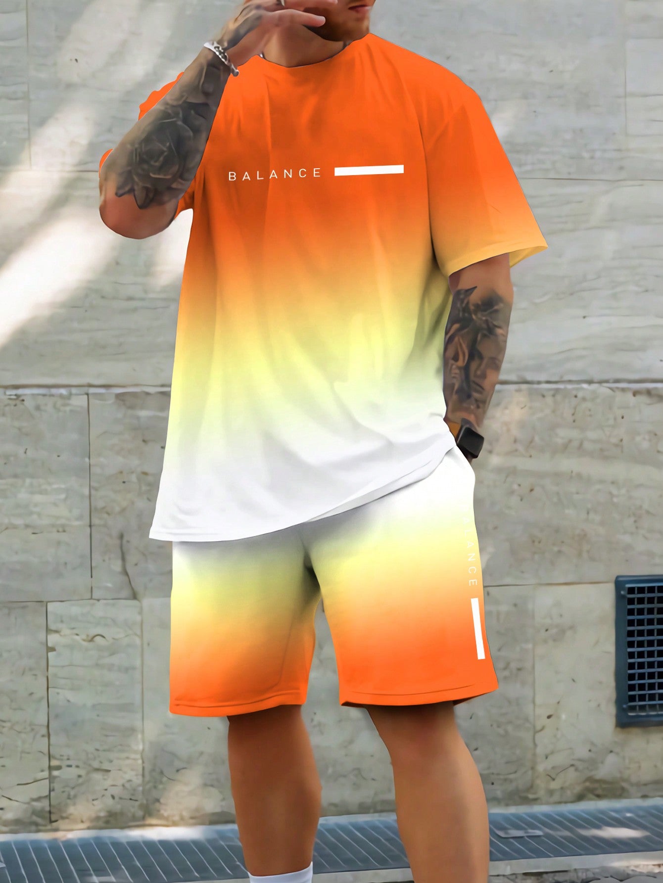 Men'S Gradient Letter Print Short Sleeve T-Shirt And Shorts Two Piece Set