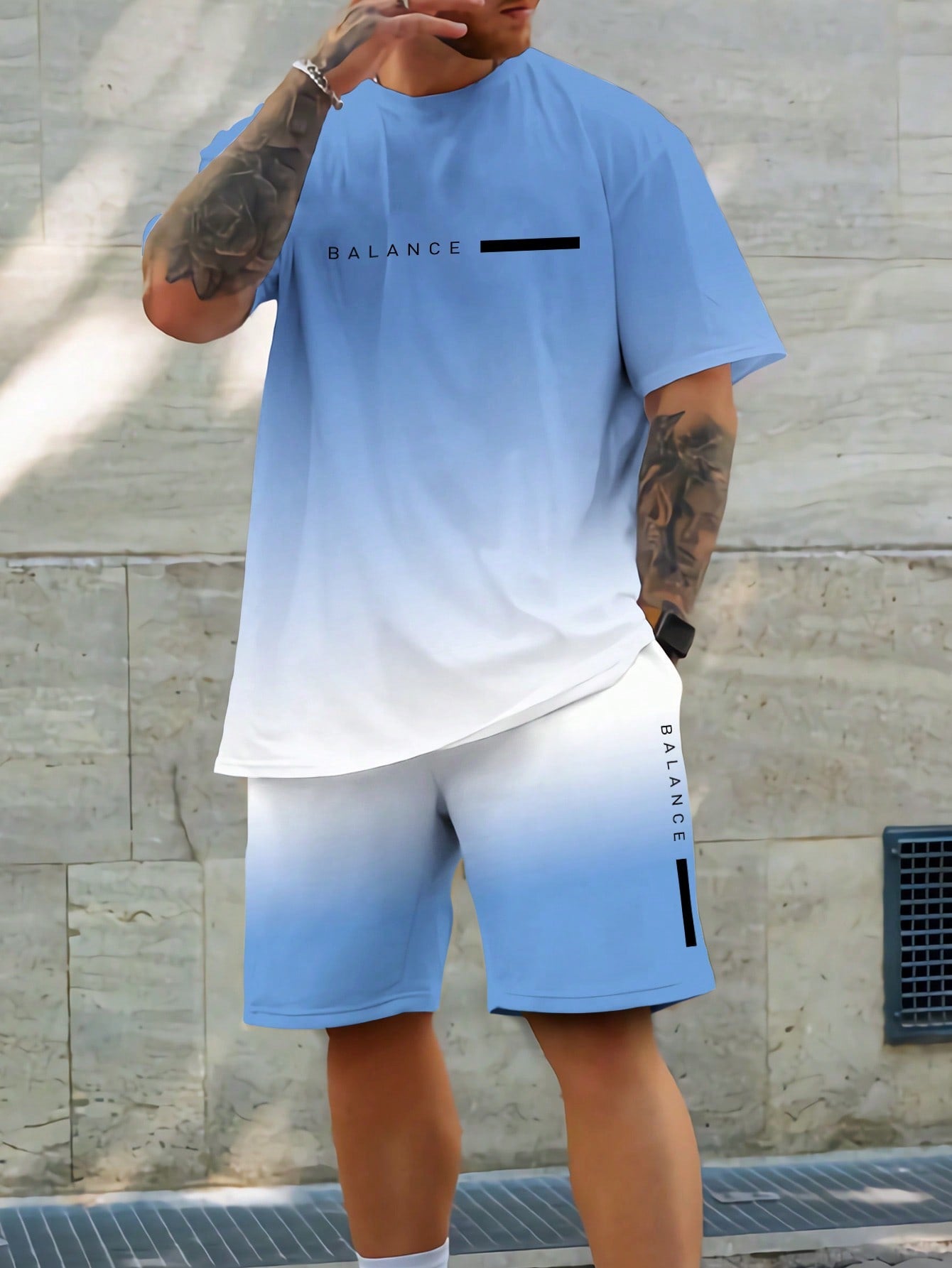 Men Summer Gradient Letter Printed Round Neck Short Sleeve Casual T-Shirt And Shorts Set