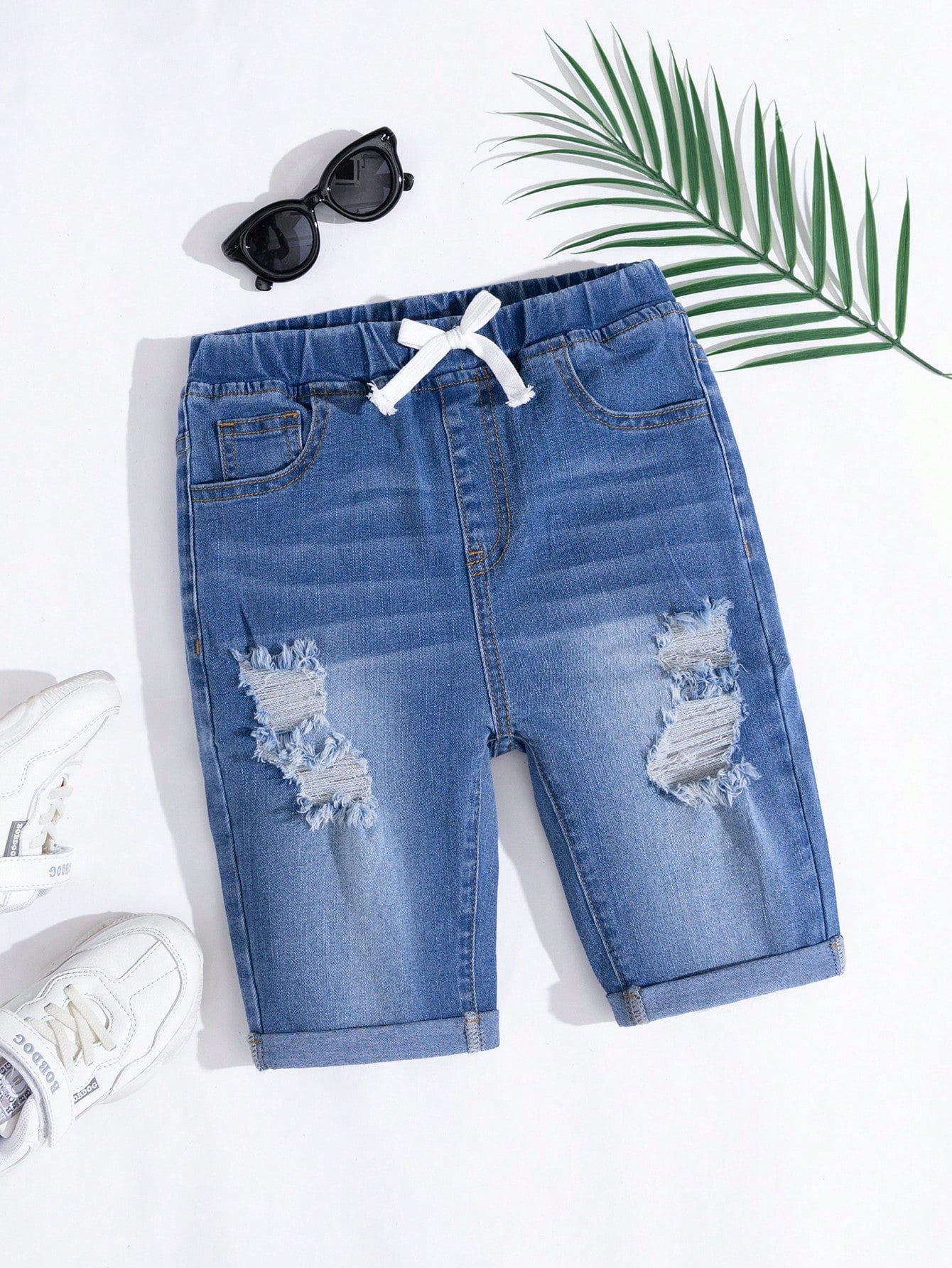 Tween Boy Casual Soft Ripped Frayed Elastic Waist Drawstring High Stretch  Blue Denim Shorts, For Summer Outdoor