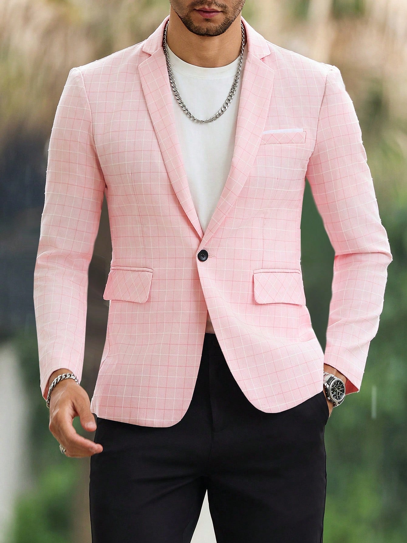 Men Plaid Print Single Button Blazer