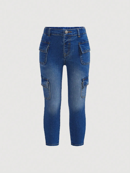 Young Girls' Casual  Jeans With Button And Pocket