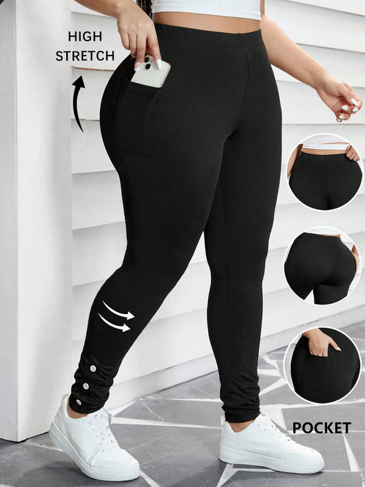 Plus Size Women's Side Pocket Leggings With Cuff Wrinkles Design