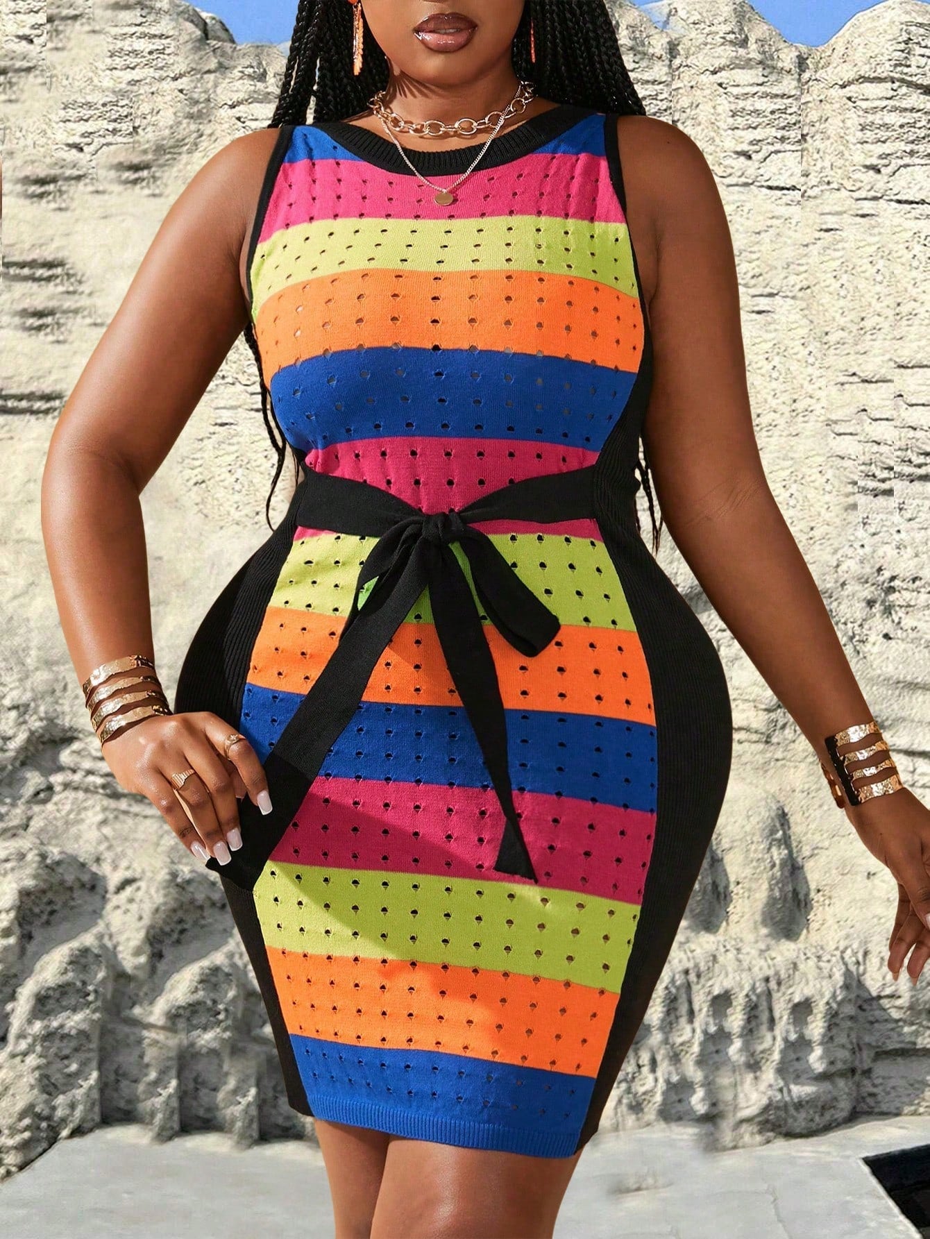 Plus Size Sleeveless Colorblock Sweater Dress With Belt, Casual Wear