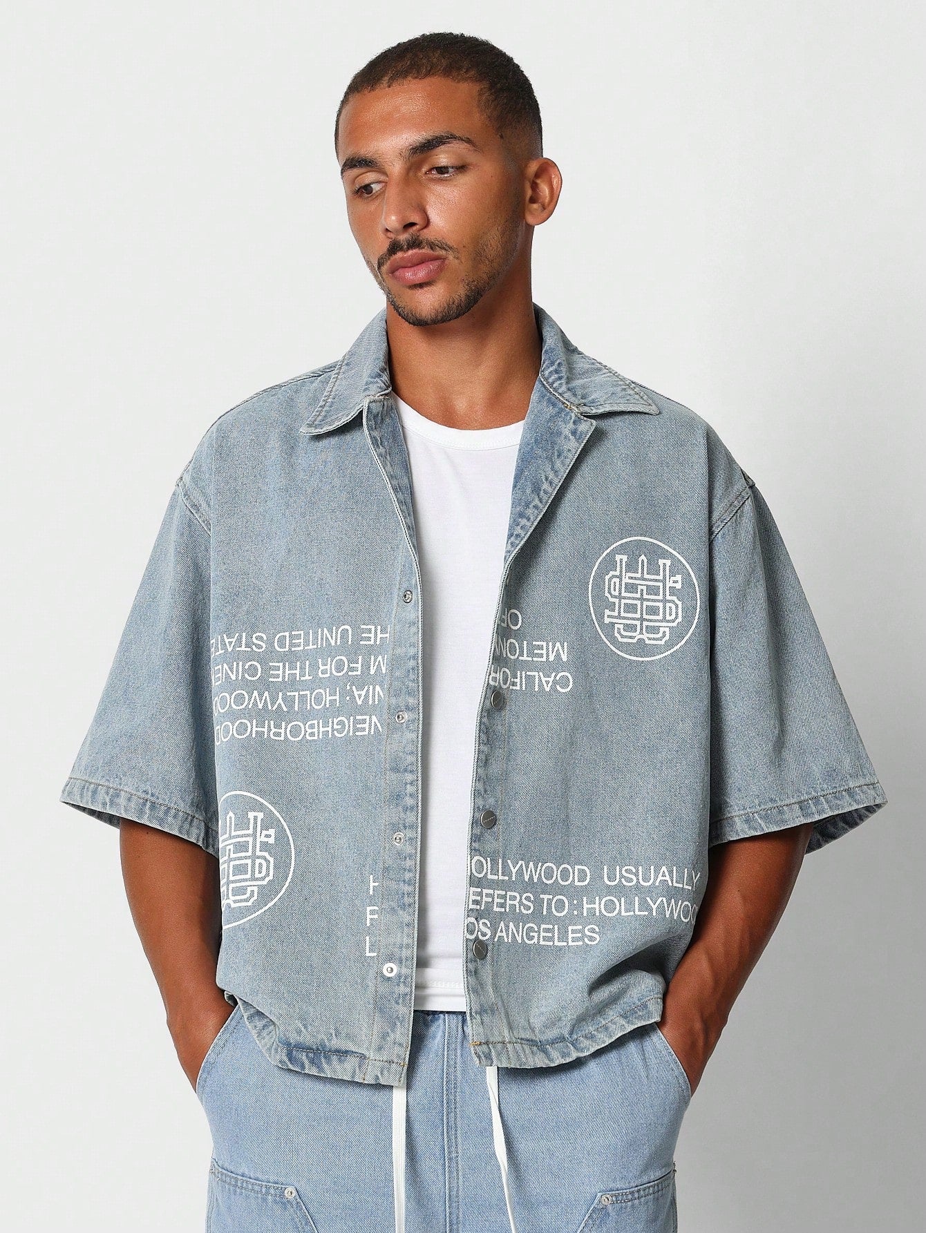 Men Denim Boxy Crop Fit Denim Shirt With All Over Print College Ready