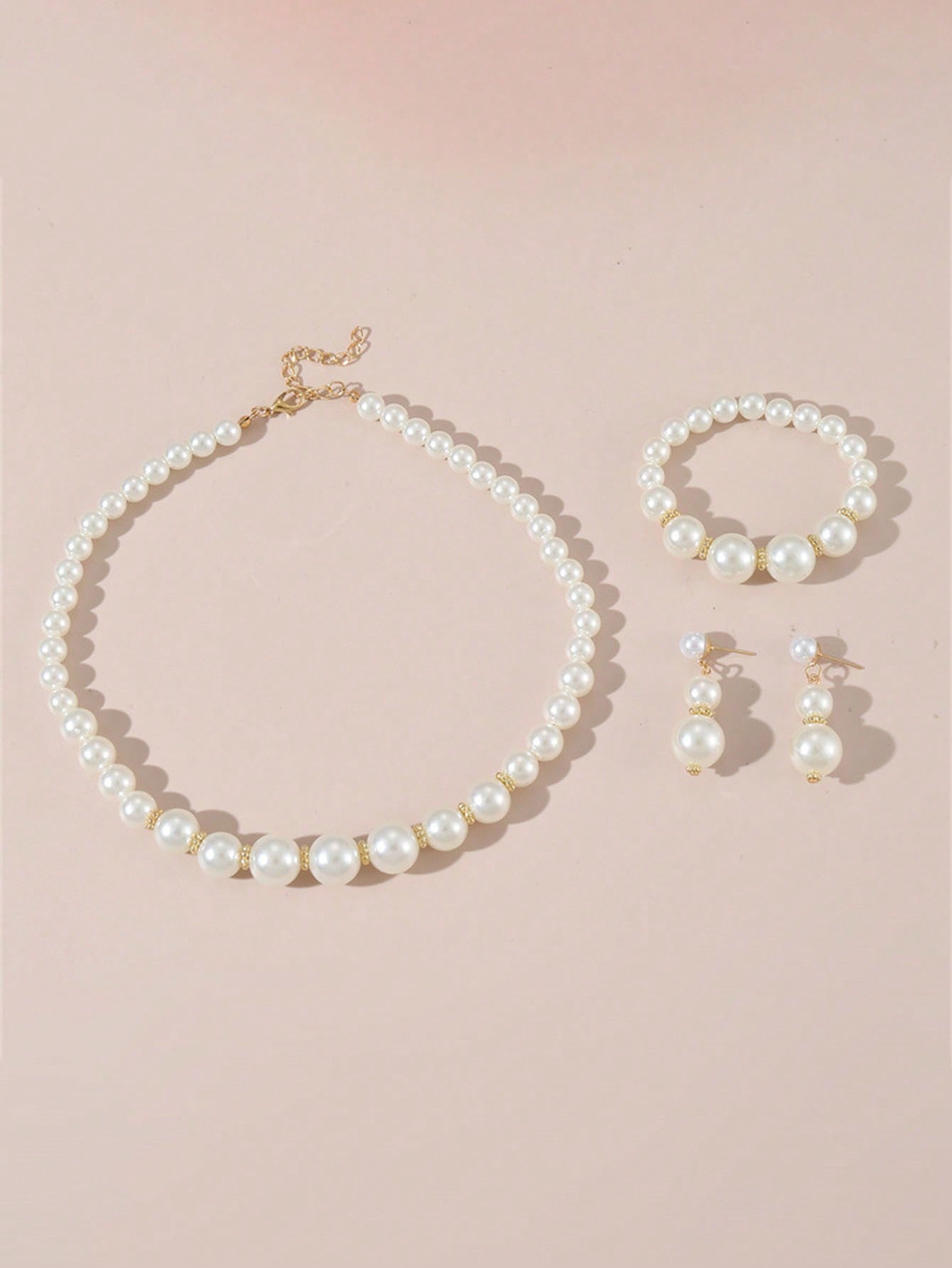 3pcs/Set New Single Layered Minimalist Design Jewelry With Different Sized Pearls, Including Children's Necklace, Earrings, And Bracelet Set