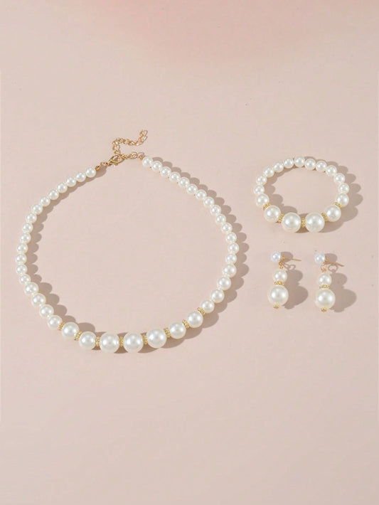 3pcs/Set New Single Layered Minimalist Design Jewelry With Different Sized Pearls, Including Children's Necklace, Earrings, And Bracelet Set