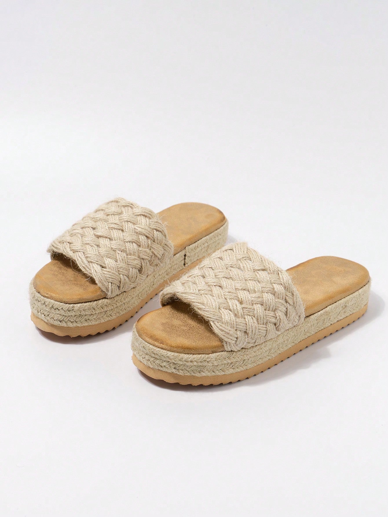 Teenagers' Comfortable Woven Single Band Thick-Soled Sandals With  Rope Decoration, Suitable For Vacation Style