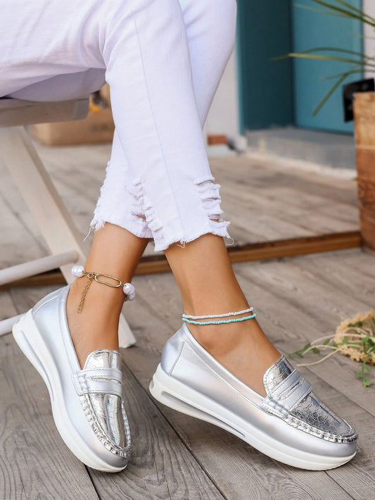 2024 Cross-Border Plus-Size European And American Comfortable Snake Pattern Metallic Color Series Casual Wedge Heel Shoes, Popular Style