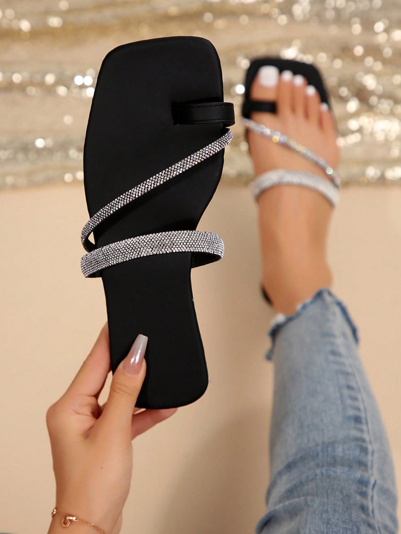 New Summer Fairy Style Flat Sandals For Women, Rhinestone Decorated Slipper With Toe Opening And Square Front Strap