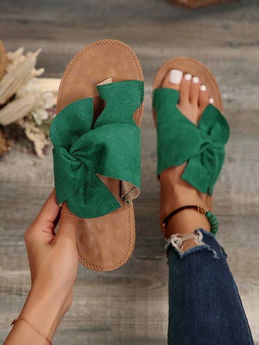 Fashionable Women's Slip-On Sandals With Bow Decorations, Ideal For Outdoors, Fishing And Beach, Elegant And Casual Dark Green Open-Toe Flat Flip Flops