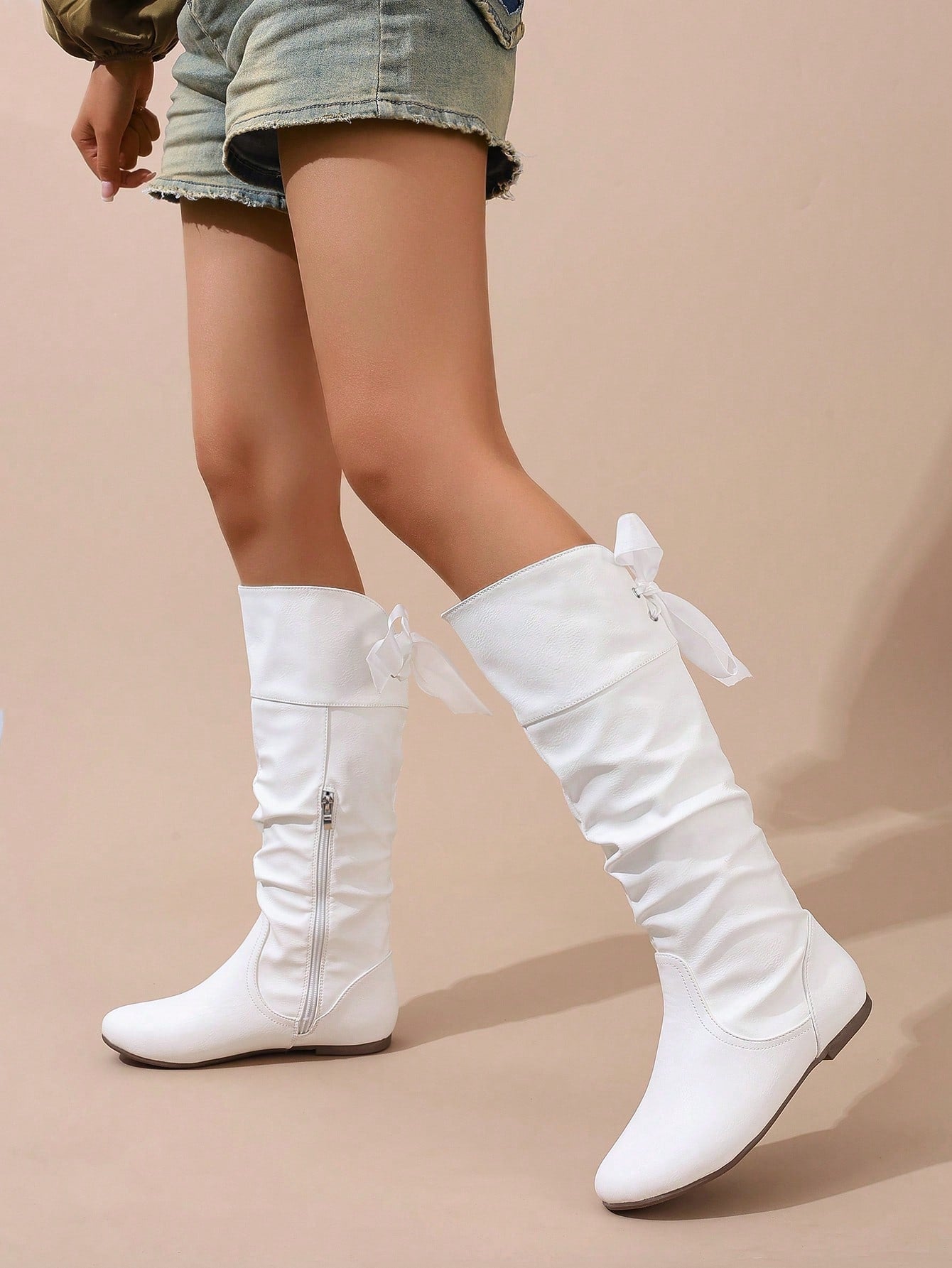 Beige Pleated Strap Buckle Side Zipper Flat Round Toe Casual, Comfortable, Versatile Knee-High Boots For Women