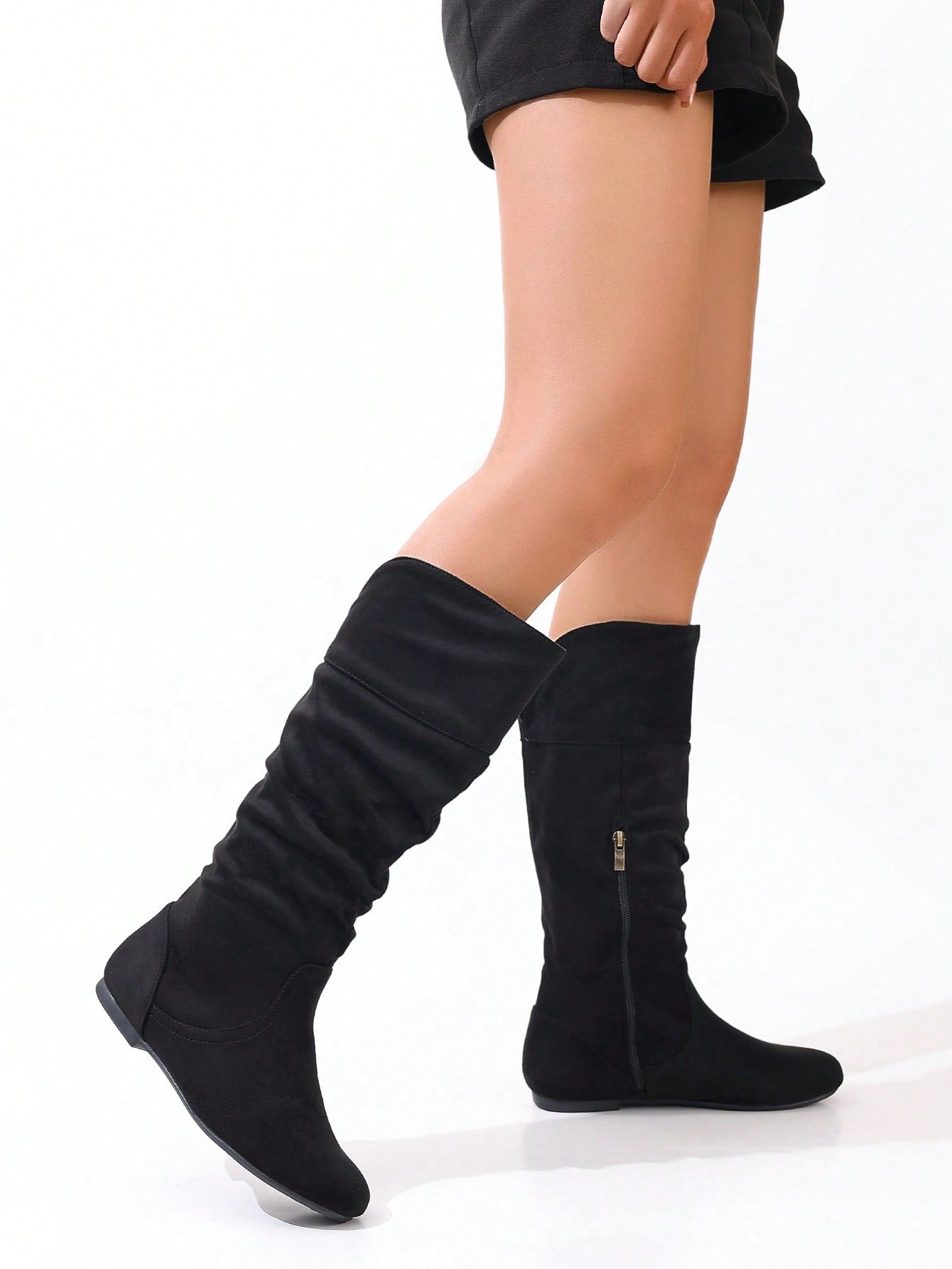 Beige Pleated Strap Buckle Side Zipper Flat Round Toe Casual, Comfortable, Versatile Knee-High Boots For Women