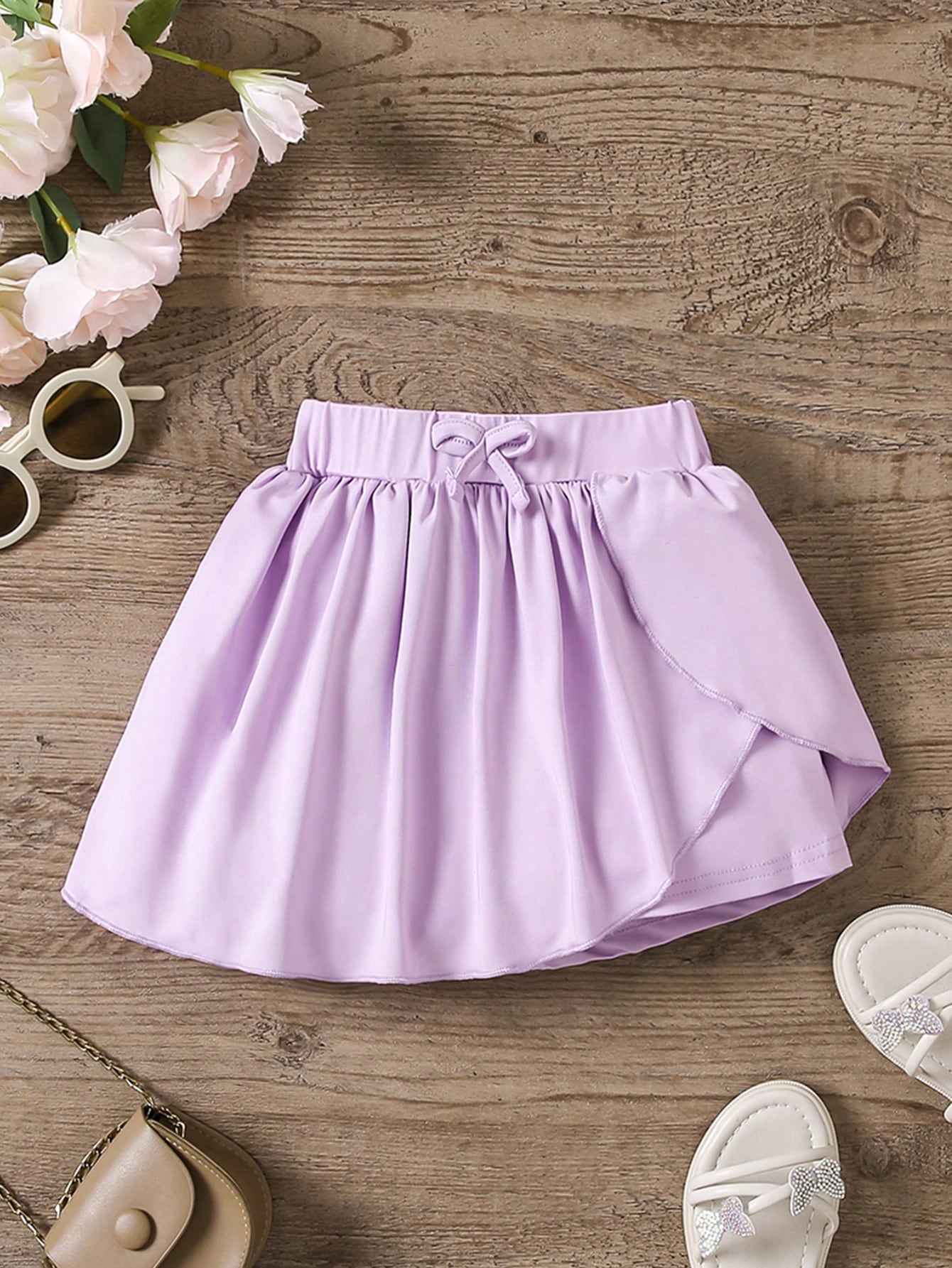 Young Girls' Solid Color Pleated Skirt With Waist Bow Decoration