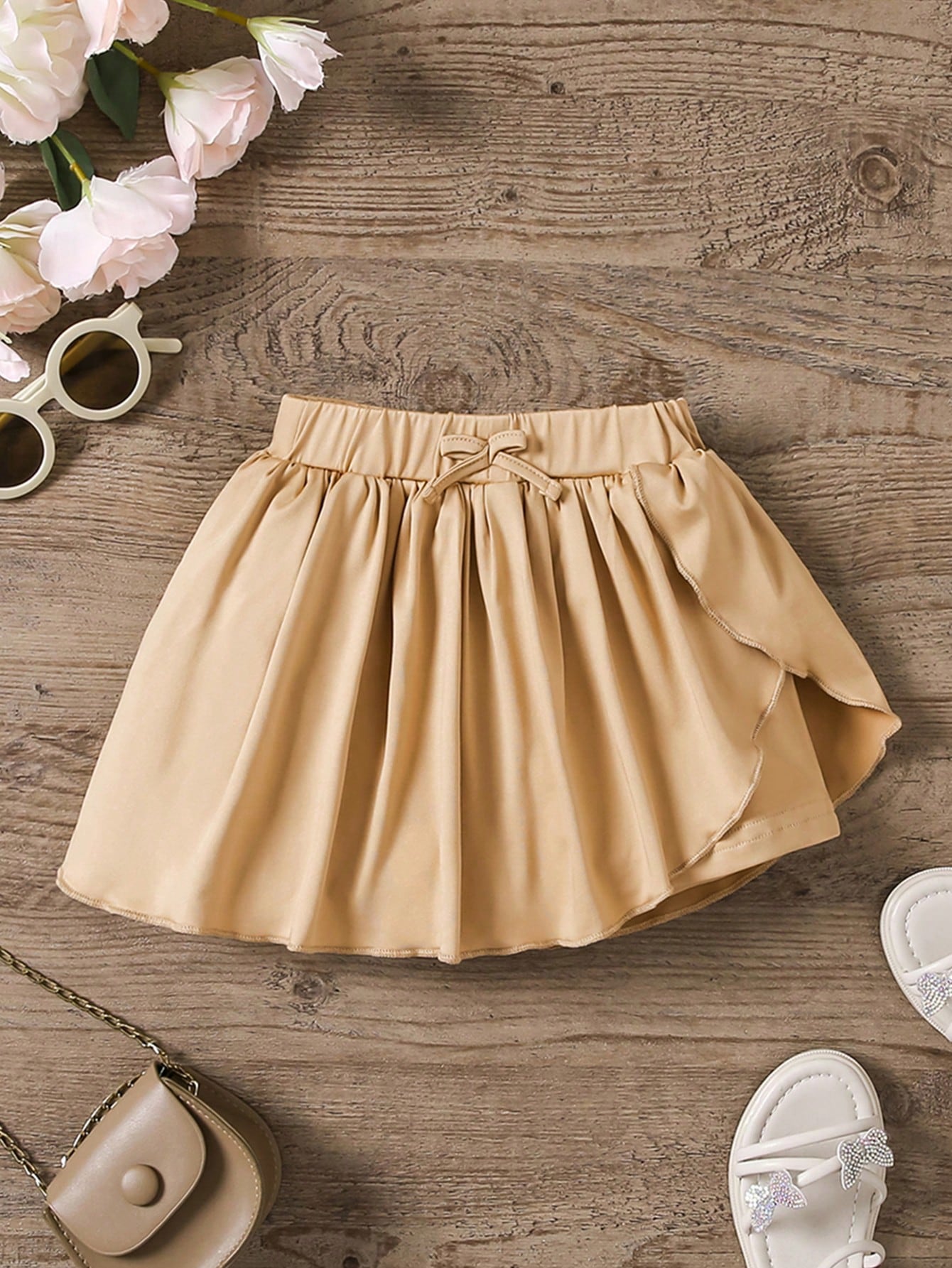 Young Girls' Solid Color Pleated Skirt With Waist Bow Decoration