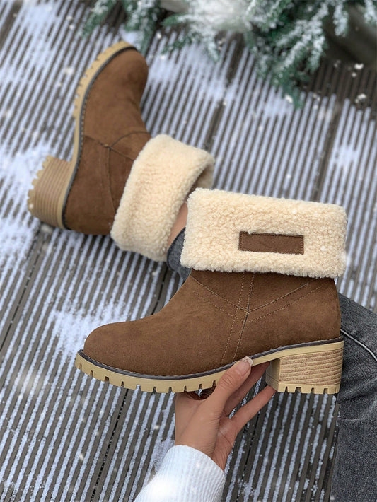 New Winter Women Chunky Heel Snow Boots Fur Lined Mid-Calf Boots, Warm