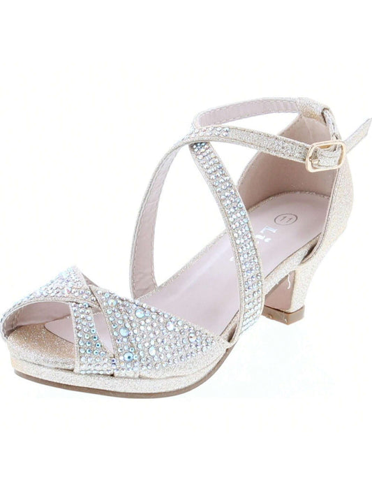 Girl's Rhinestone Criss Cross Ankle Strap Chunk Heel Sandals