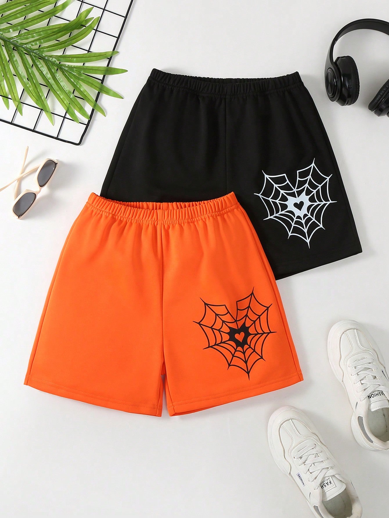 Tween Girl 2pcs/Set Elastic Waist Shorts With Spider Web & Heart Pattern For Casual And Sports, Spring/Summer