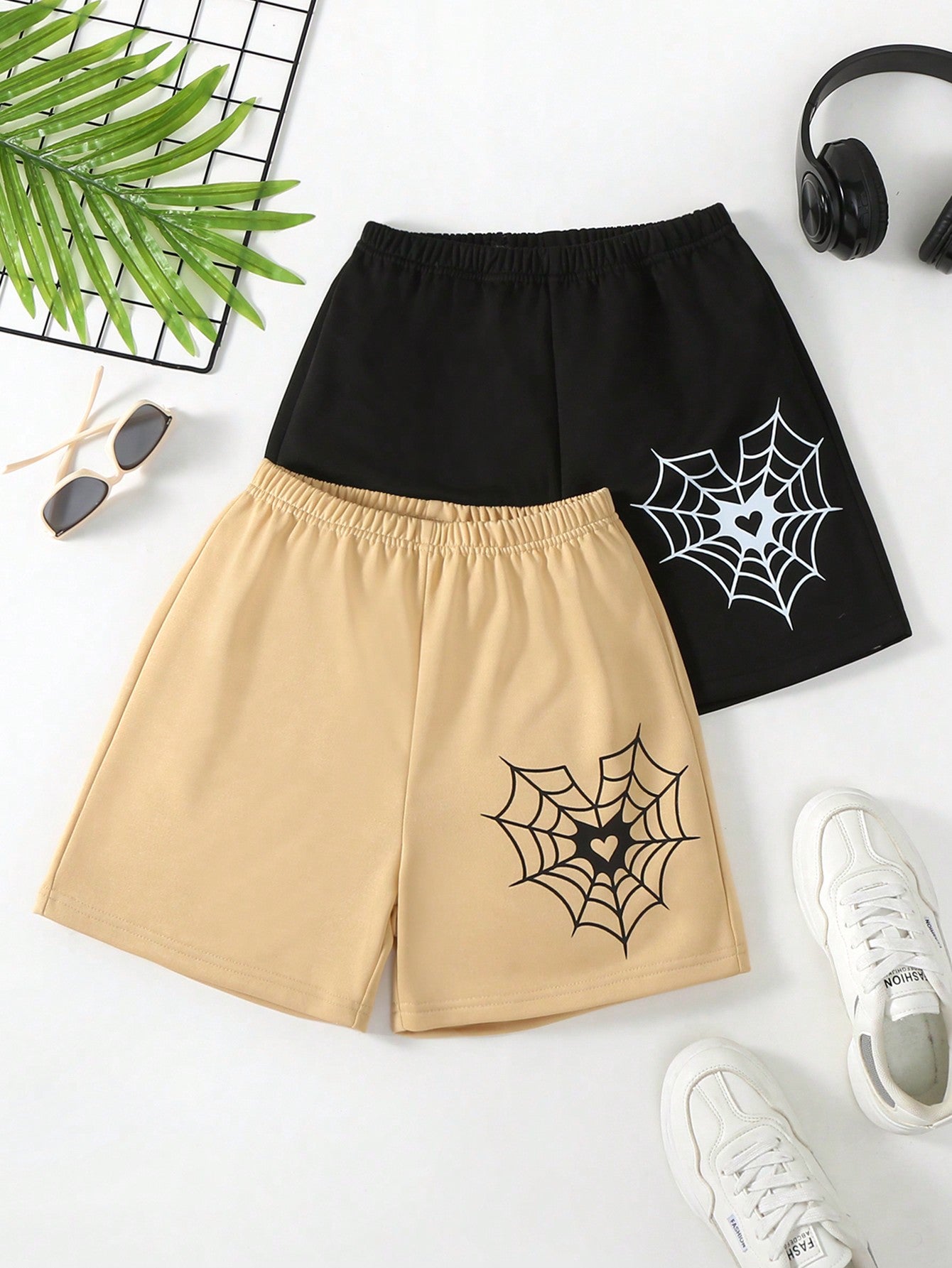 Tween Girl 2pcs/Set Elastic Waist Shorts With Spider Web & Heart Pattern For Casual And Sports, Spring/Summer