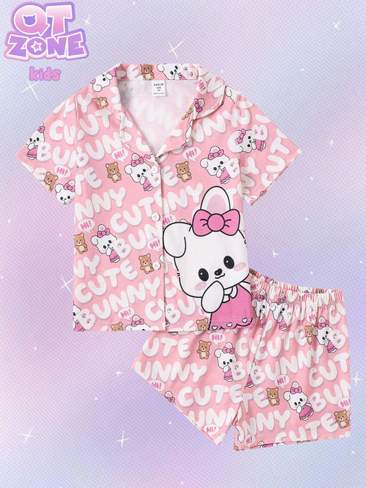 2pcs Toddler Girls' Cute Letter & Cat Print Cardigan Shorts Pajama Set, Pink