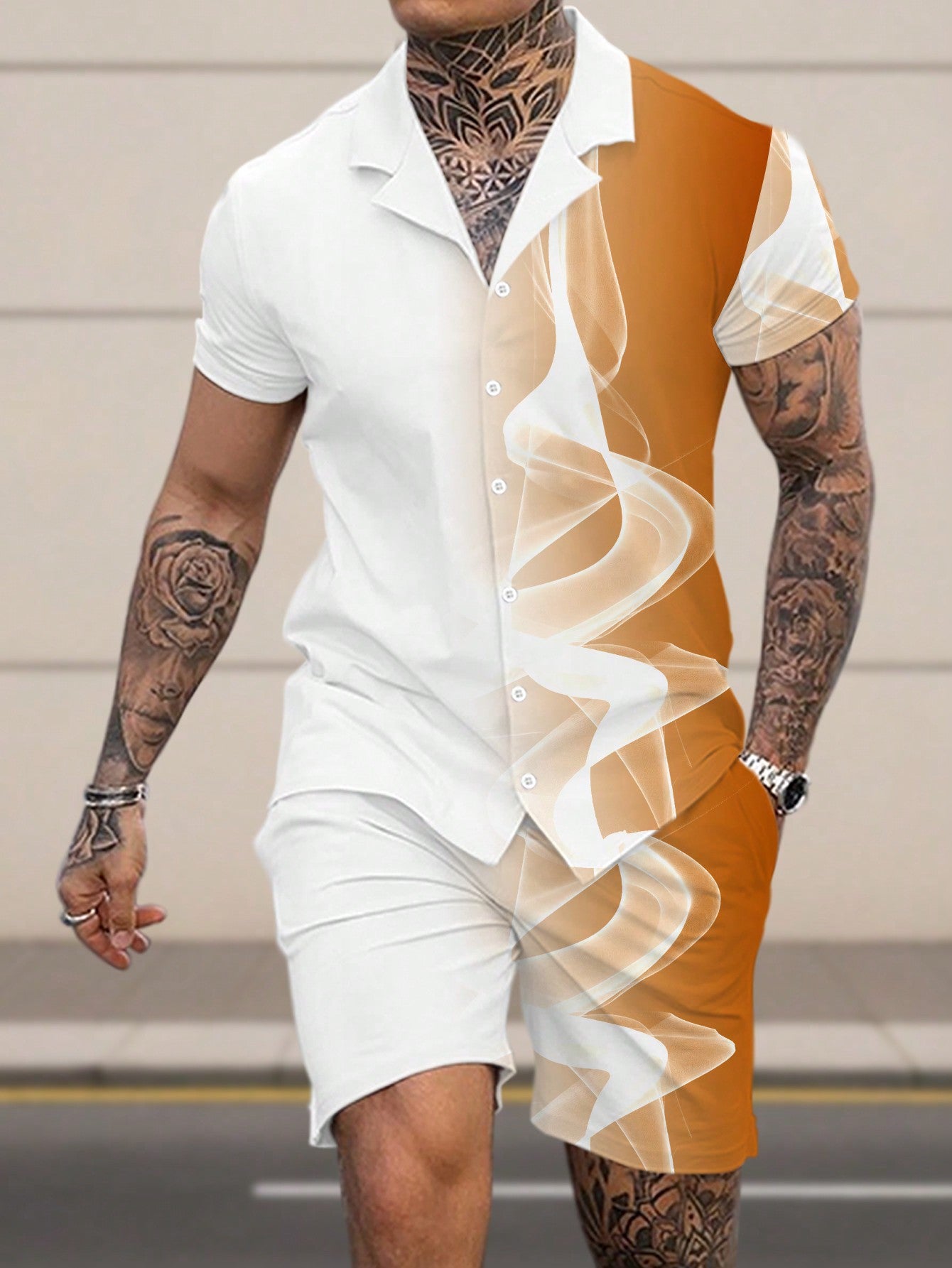 Men Contrast Color Short Sleeve Button Up Shirt And Shorts Set With Pockets