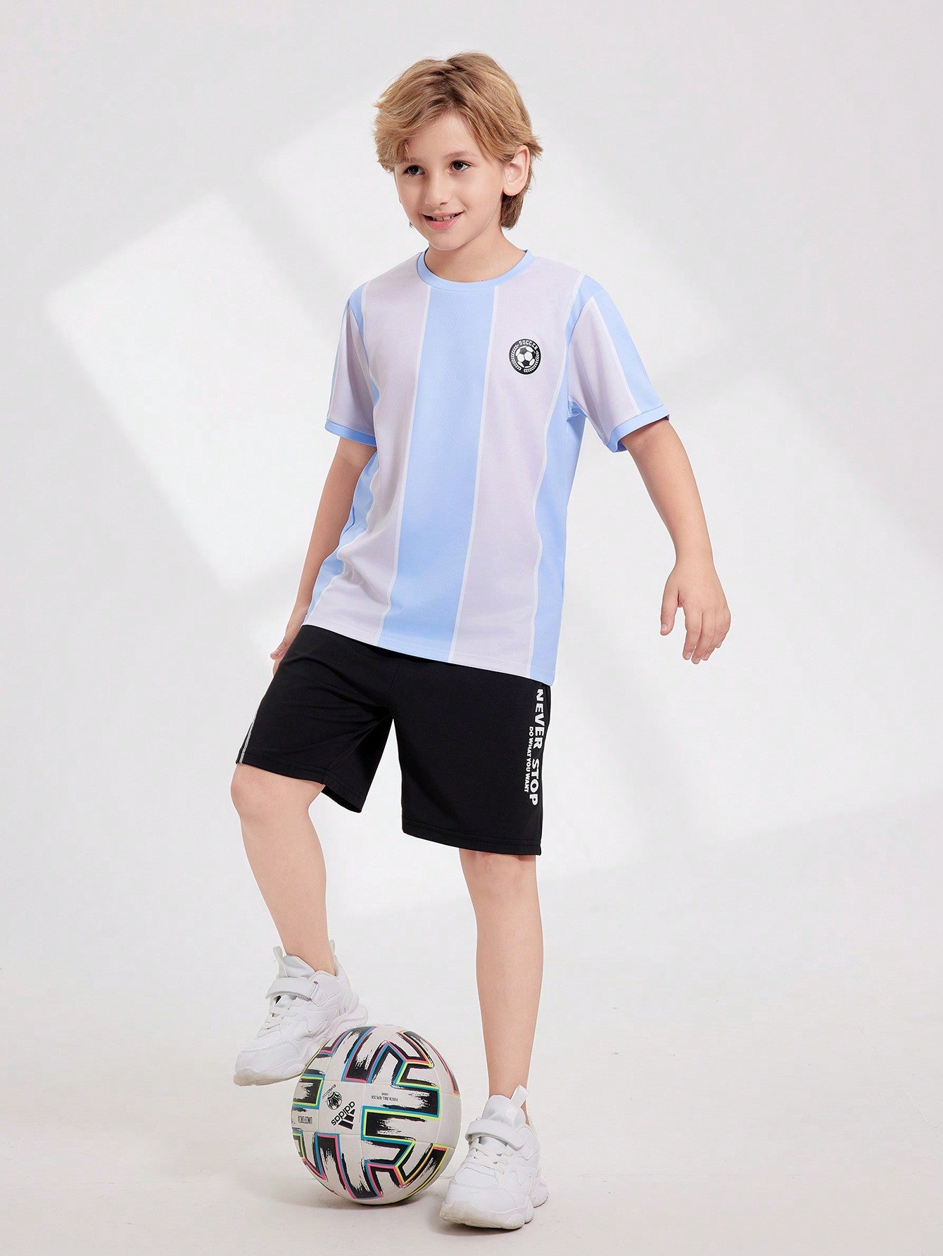 Tween Boys' Round Neck Contrast Striped Printed Summer Sports Short Sleeve T-Shirt