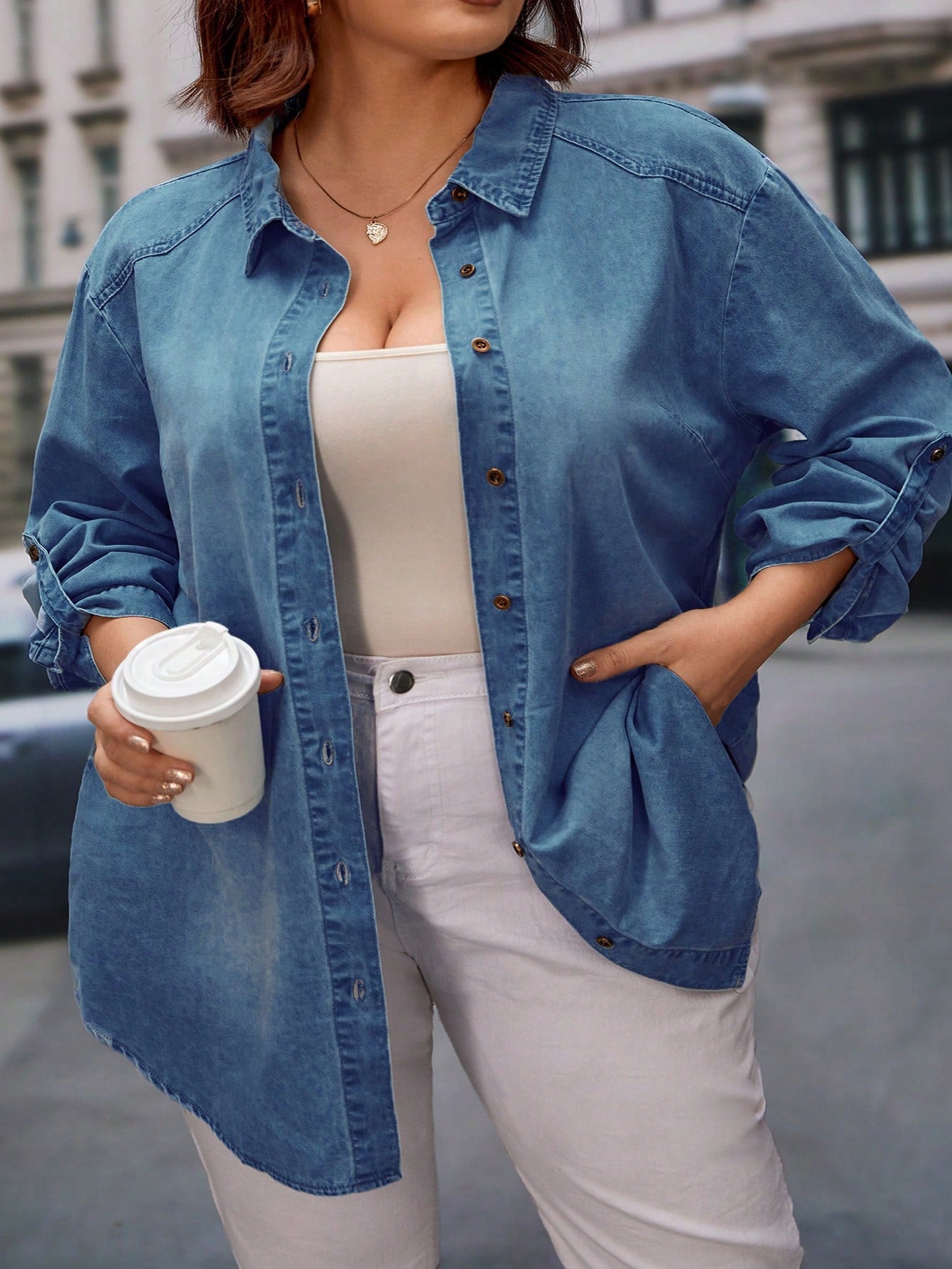 Plus Size Women's Plain Casual Long Sleeve Denim Jacket For Daily Wear