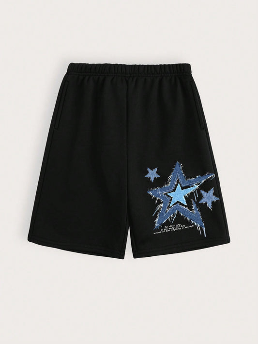 Tween Boy Casual Simple Cartoon Pentagram Pattern Shorts, Suitable For Summer