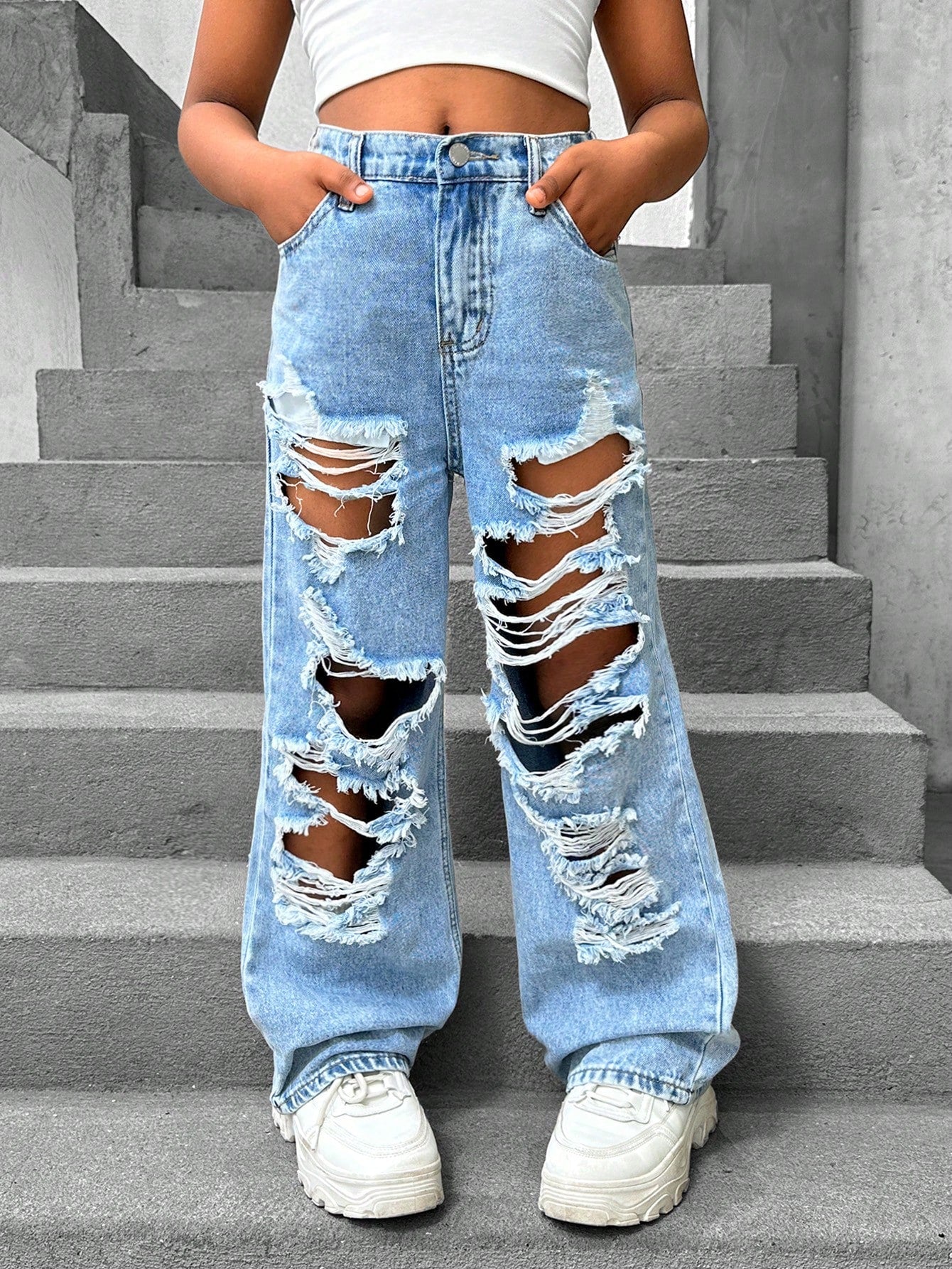 Tween Girls Y2K Spring Summer Boho Stonewashed Causal Ripped Baggy Wide Leg Denim Jeans With Slant Pocket,Girls Summer Clothes Outfits