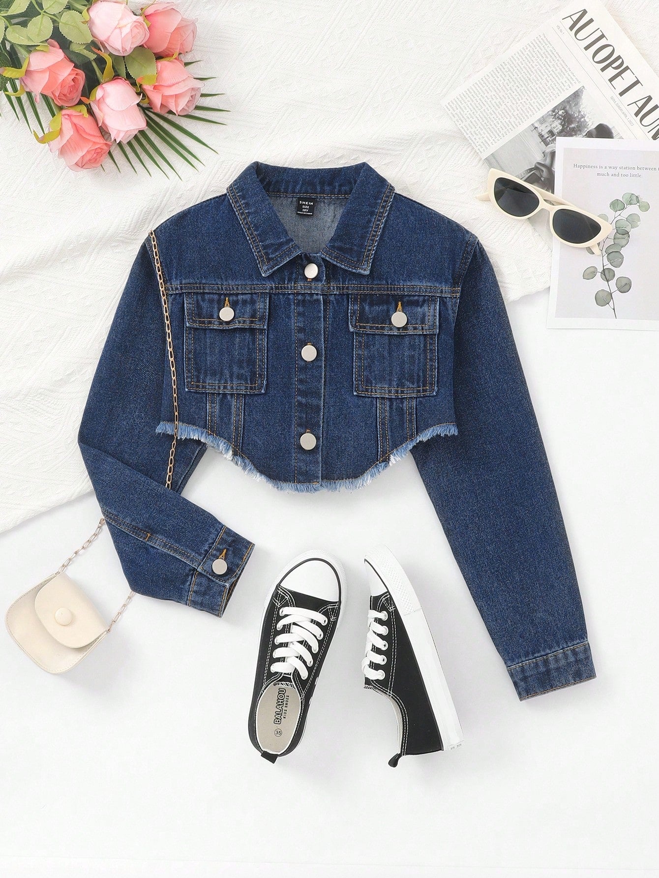 Kids Tween Girl Flap Pocket Raw Hem Crop Denim Jacket