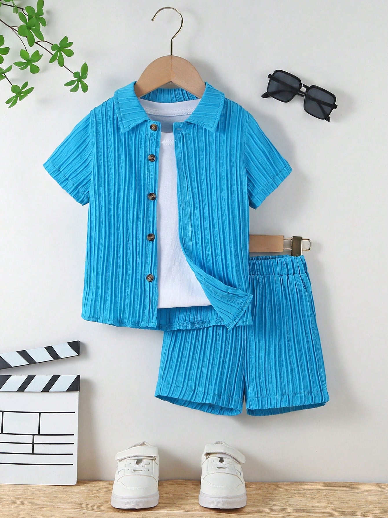 Young Boy Solid Button Front Shirt & Shorts Without Tee