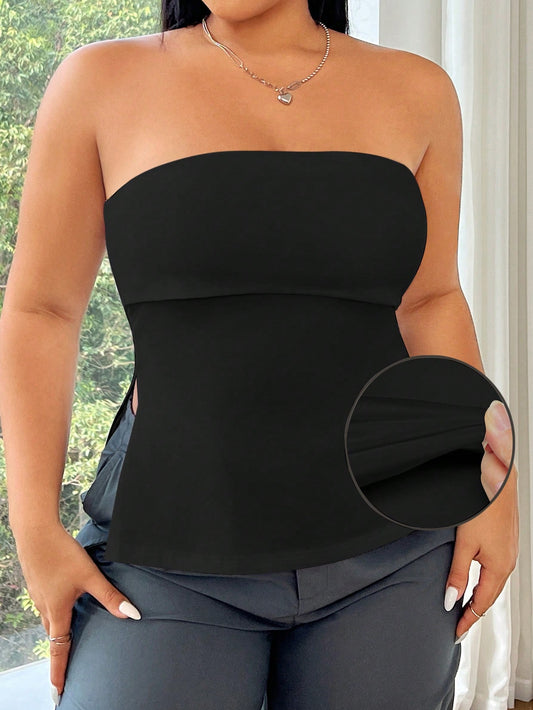 Plus Size Solid Color Strapless Top With Split Hem