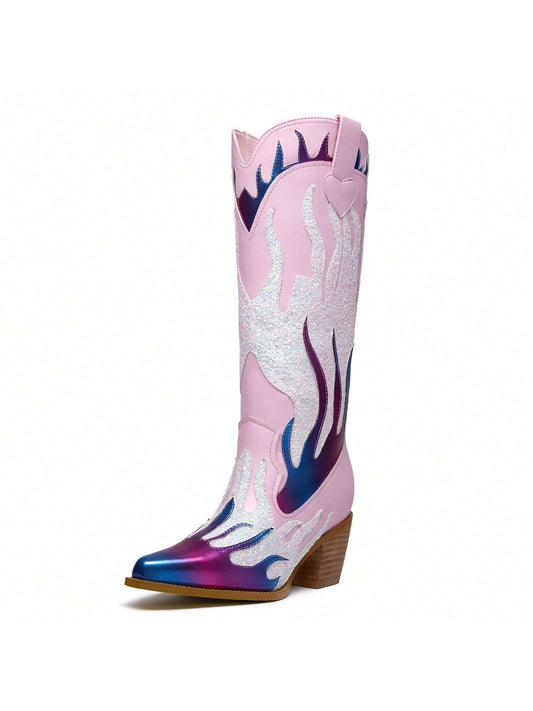 Metallic Mid Calf Cowgirl Boots With Embroidery Cowboy Boots For Women Sparkly Western Wide Calf Short Boots Fashion Pull On Back Zipper Pointed Toe Chunky Stacked Heel Spring Fall Winter Pink And Purple Ladies Shoes