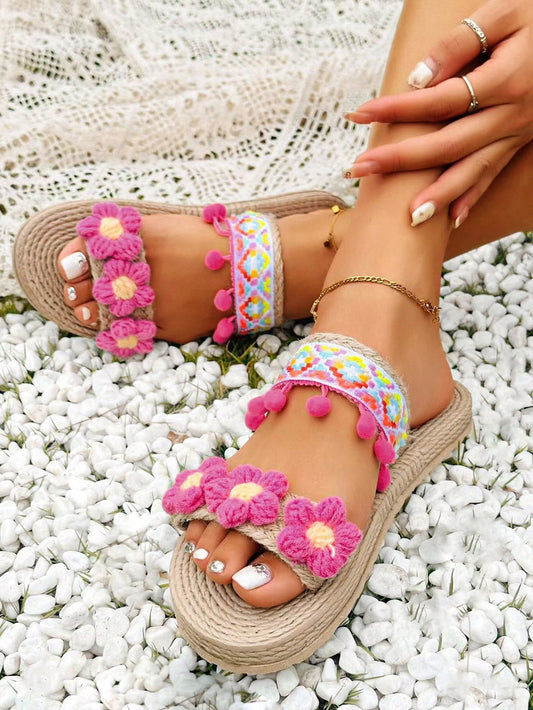 Women Fashionable Flower Woven Strap Ball & Fluffy Decoration Casual Lightweight Comfortable Round Toe Espadrilles  Rope Summer Pink Sandals Flat Beach Sandals