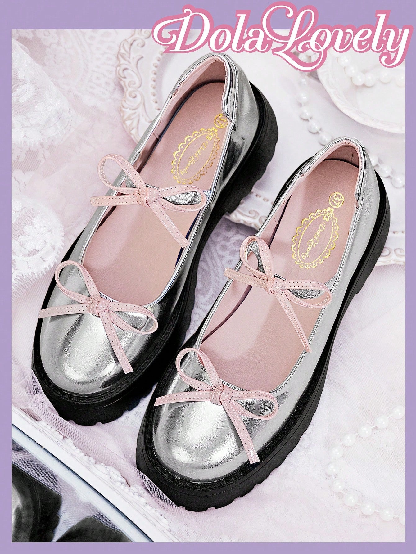 Dola Lovely Women's Silver Lolita Style Cute Pink Bow Thick-Soled Shoes Student Shoes