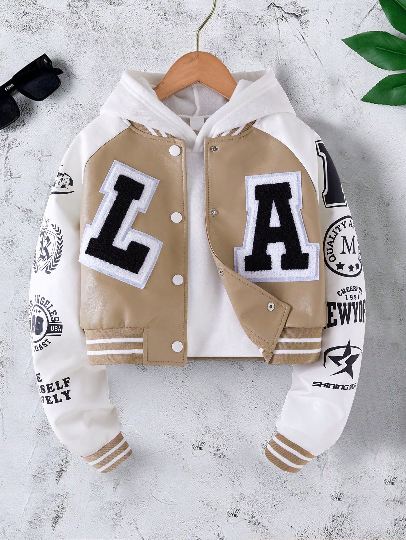 Girls' PU Patchwork Letter Print Short Bomber Jacket