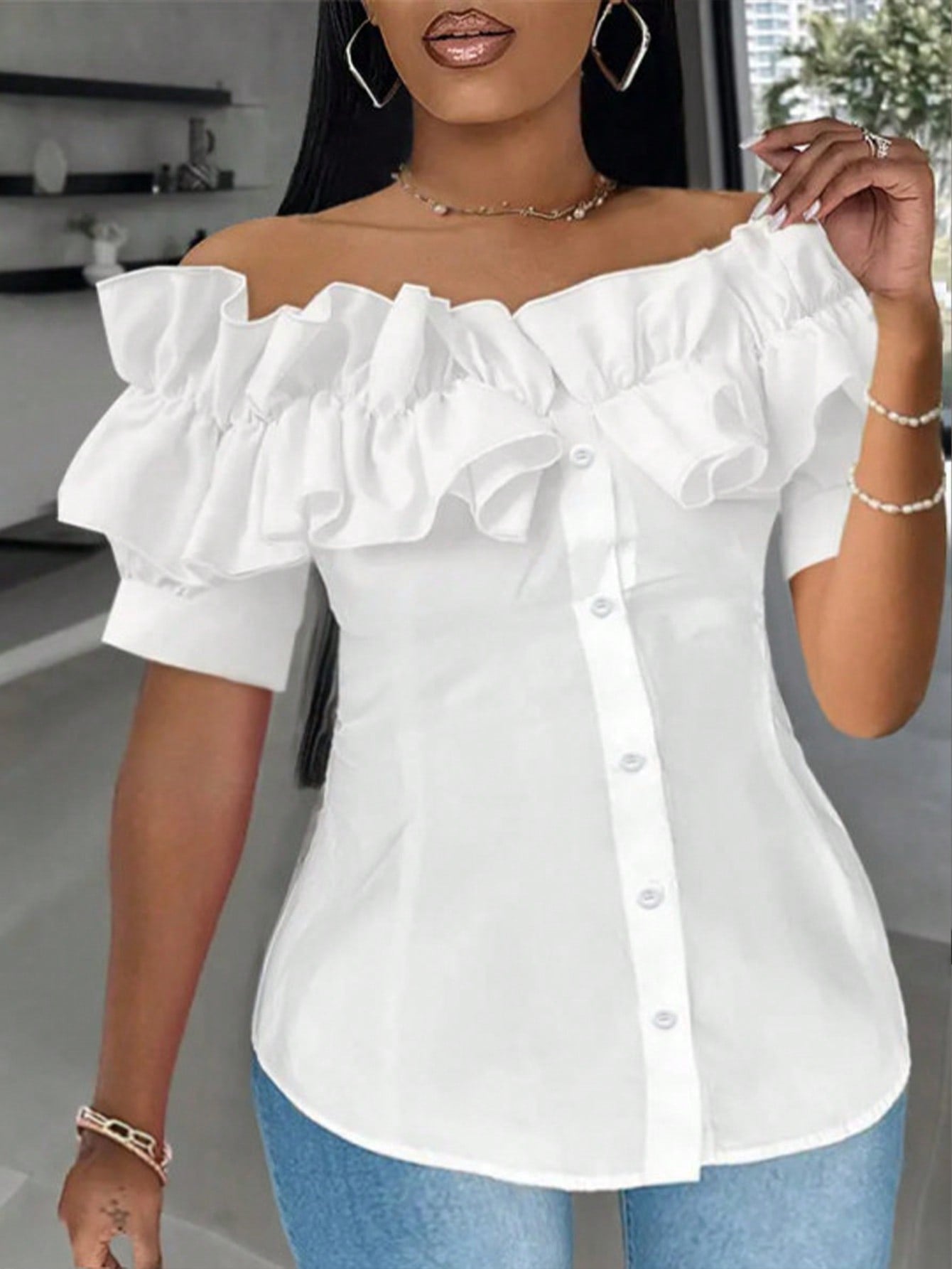 Plus Size Solid Color Ruched Lace Off Shoulder Summer Casual Shirt