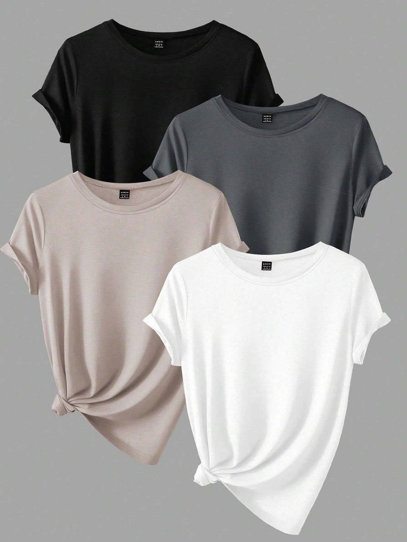 Women's Plus Size Summer 4pcs Solid Color Round Neck Short Sleeve Casual T-Shirt