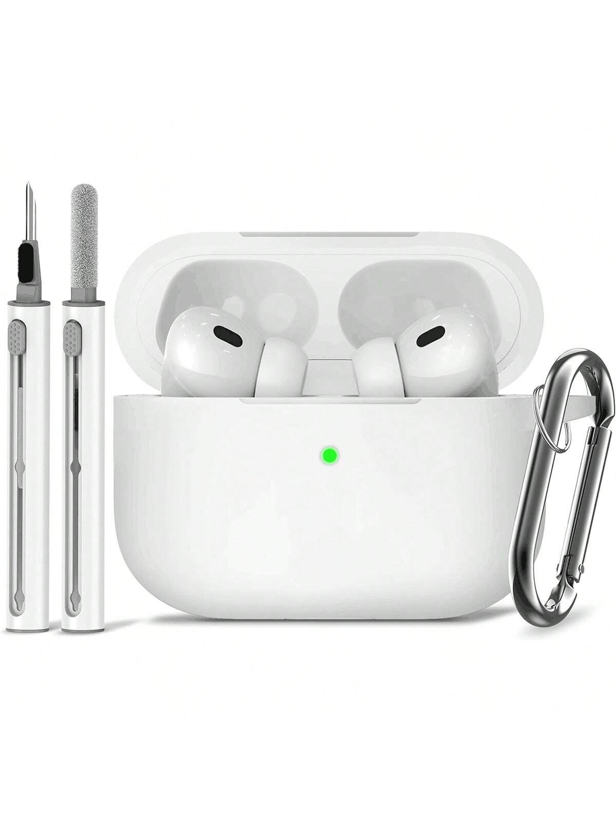 Pink 1pc Solid Color Silicone Airpods Protective Cover With Climbing Buckle Strap And Cleaning Pen