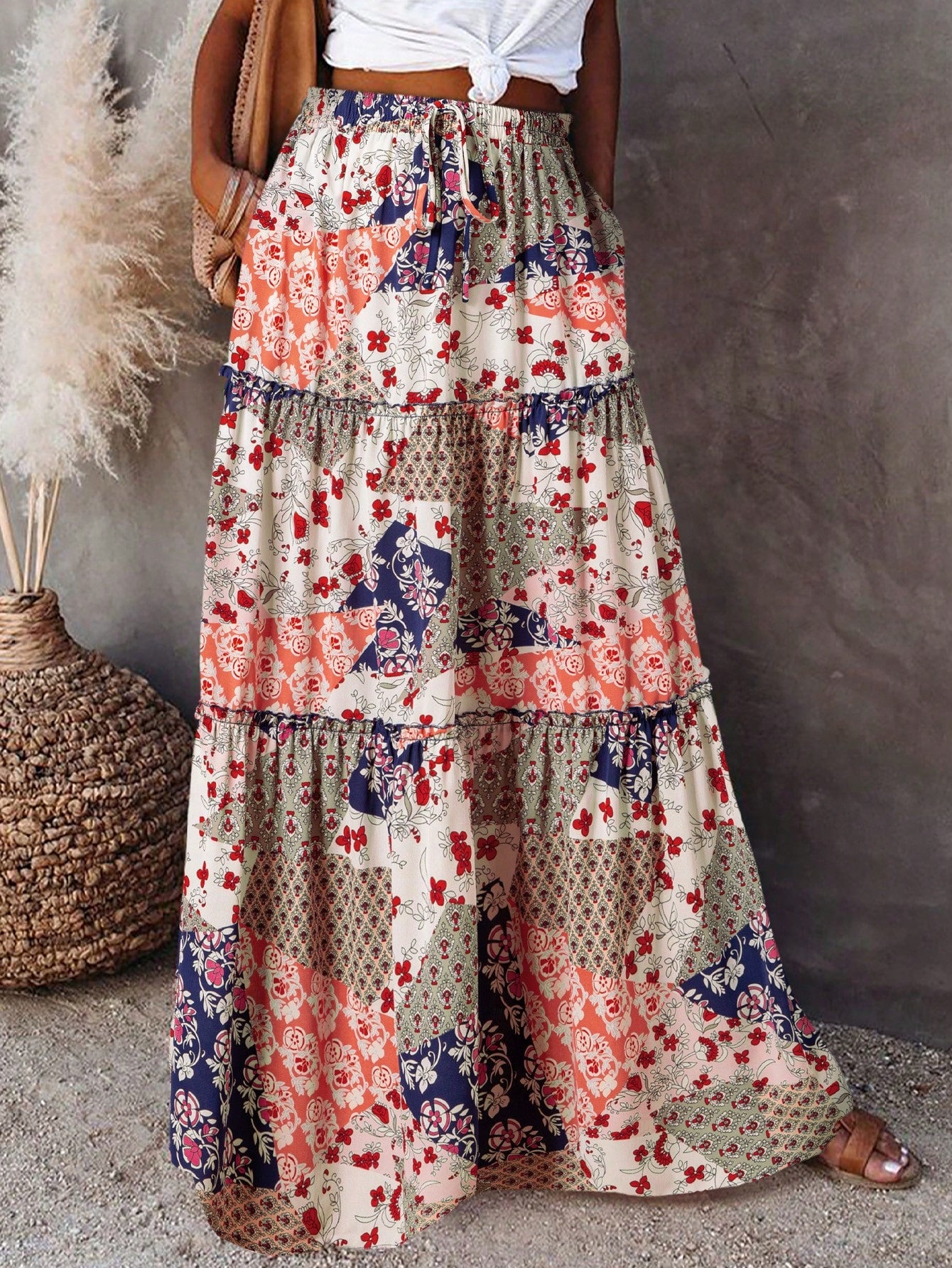 Boho Abstract Print Long Elastic Waist A Line Skirt With Pockets