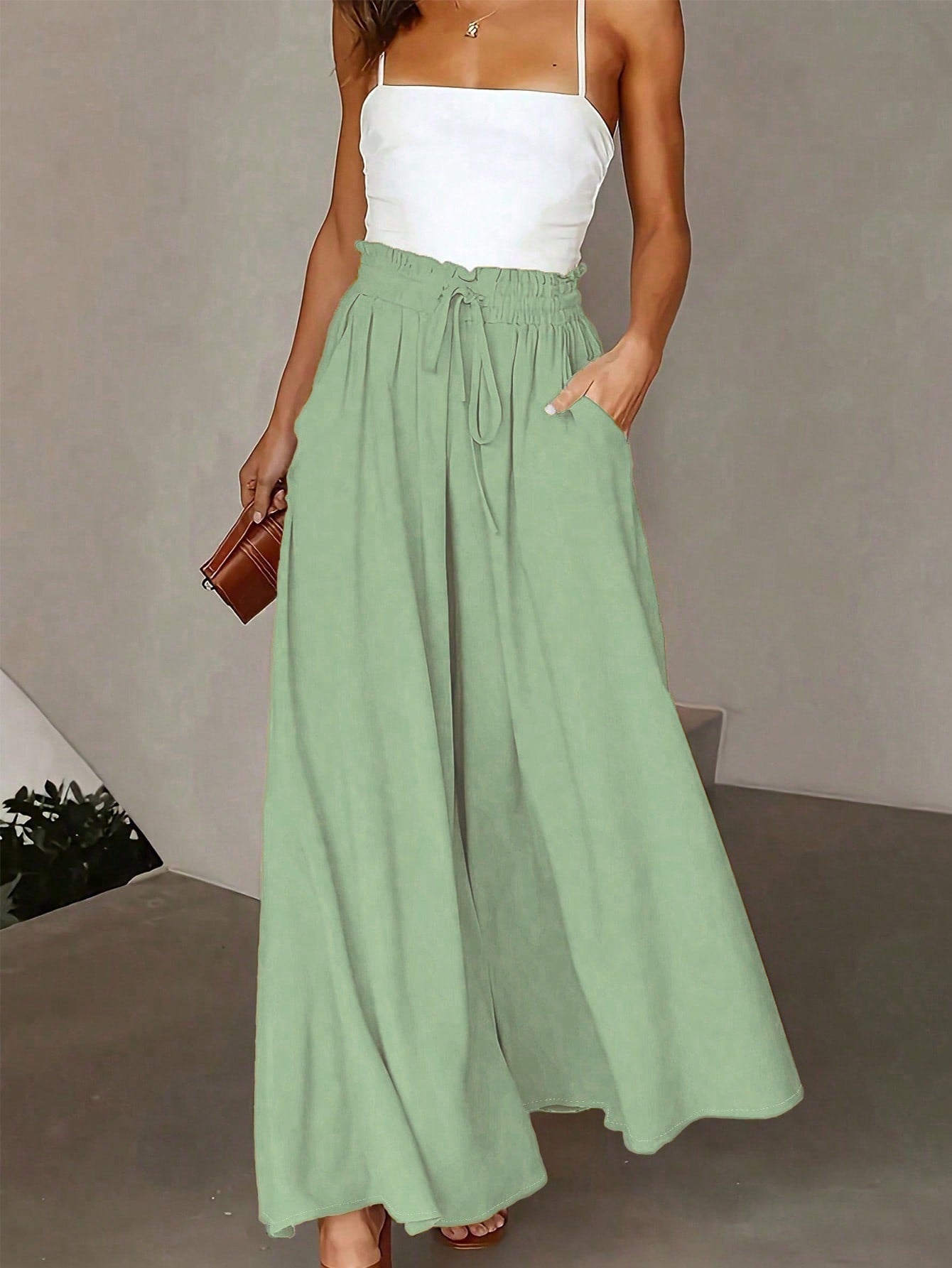 Women's Solid Color Wide Leg Loose Casual Pants With Waist Tie And Pockets