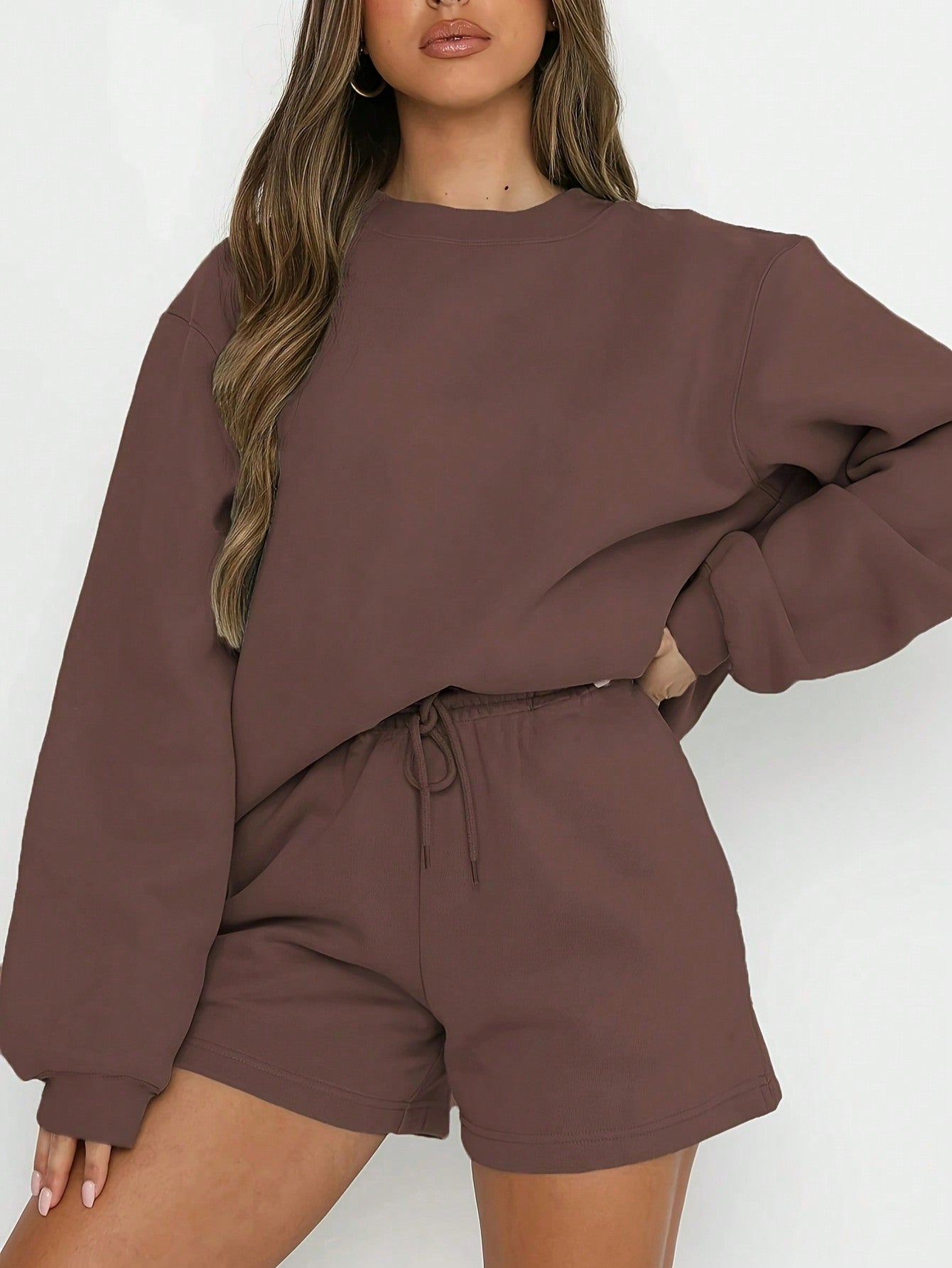 Women's Casual Solid Color Drop Shoulder Long Sleeve Sweatshirt And Shorts Set