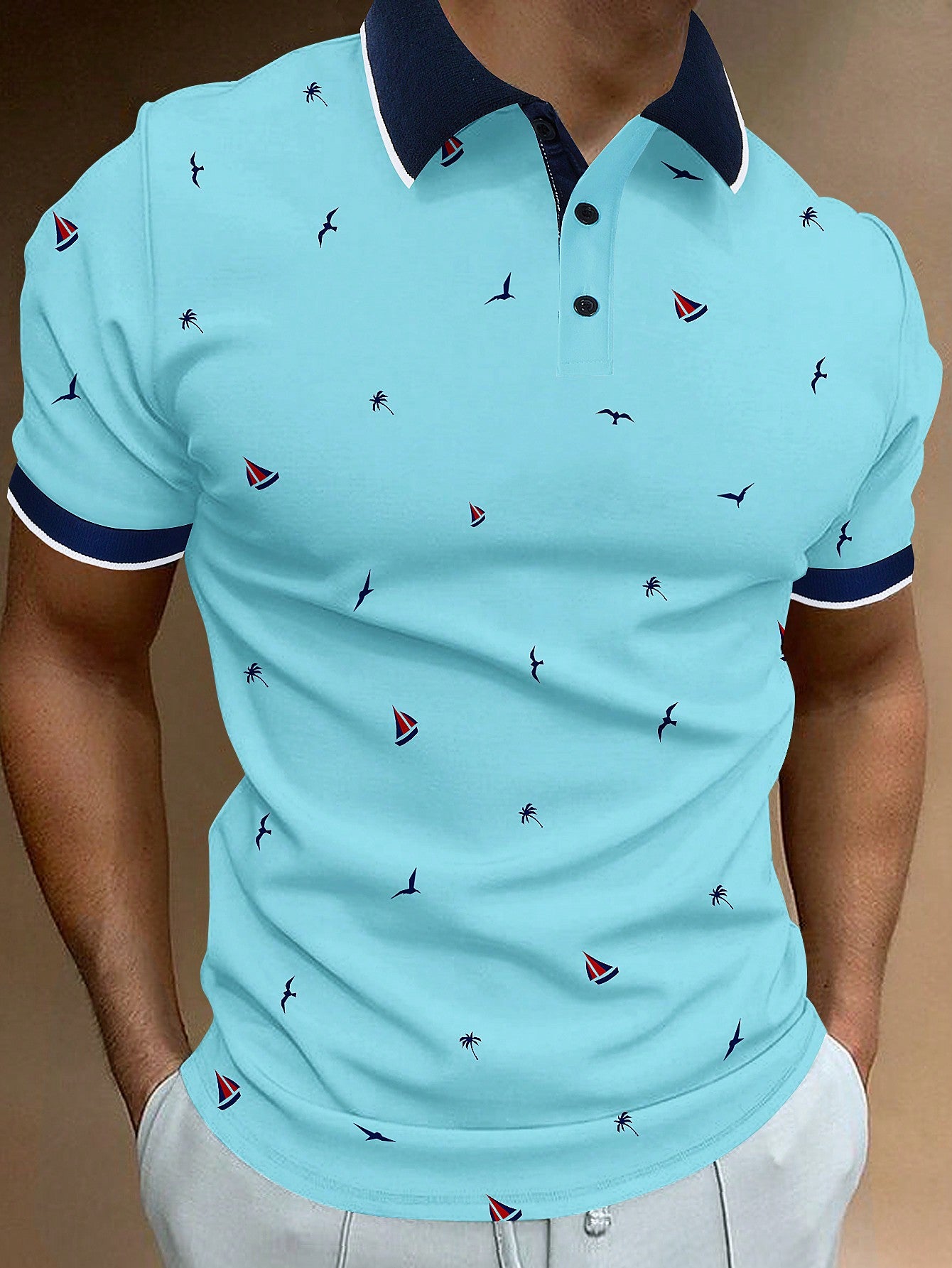 Men Allover Print Contrast Trim Polo Shirt, Half Button Collar Graphic Tropical Funny  Polo Shirt