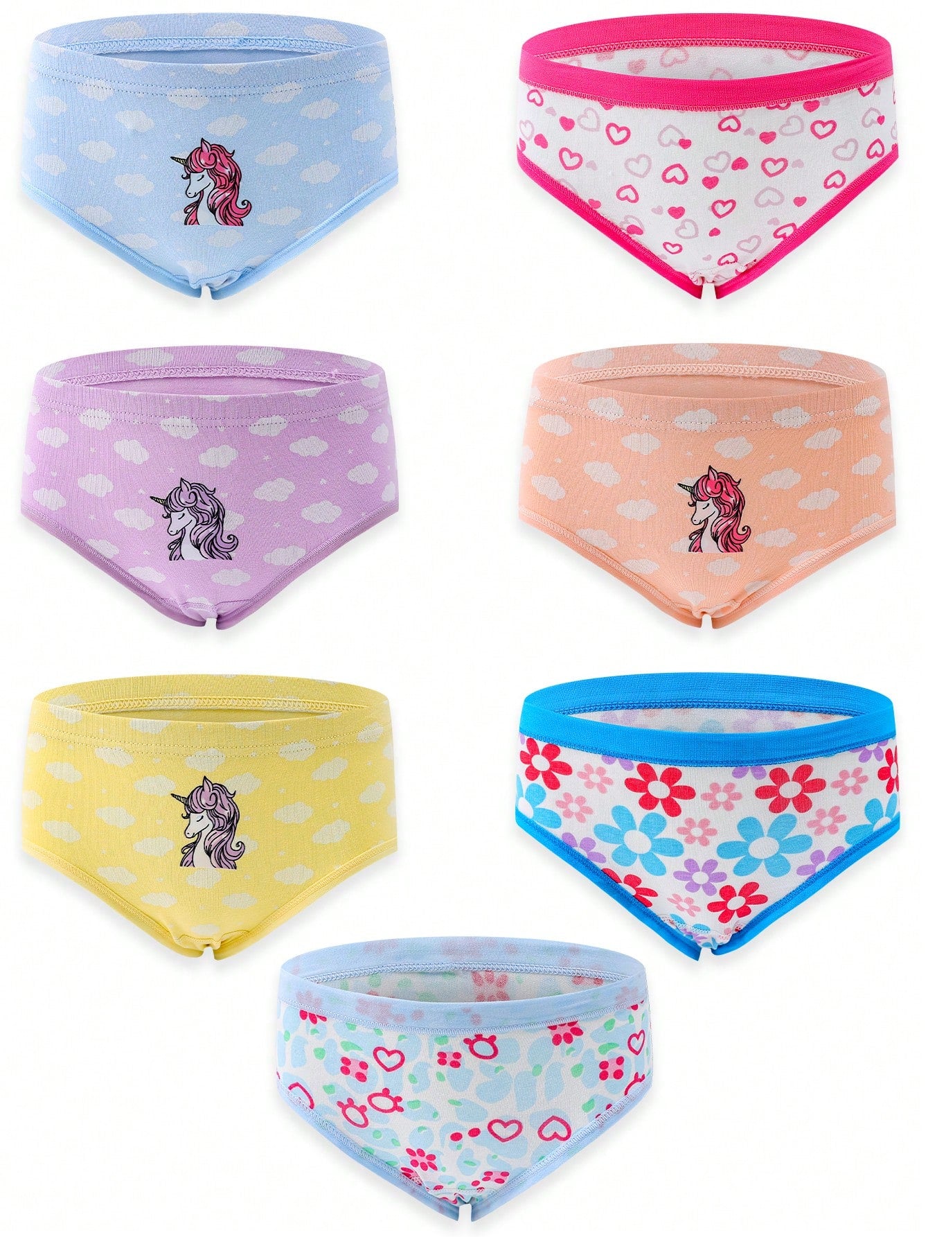 Young Girls' Underwear 7pcs/Set, Cute And Fun Print With Colorful Waistband, Monday To Sunday Triangle Panties