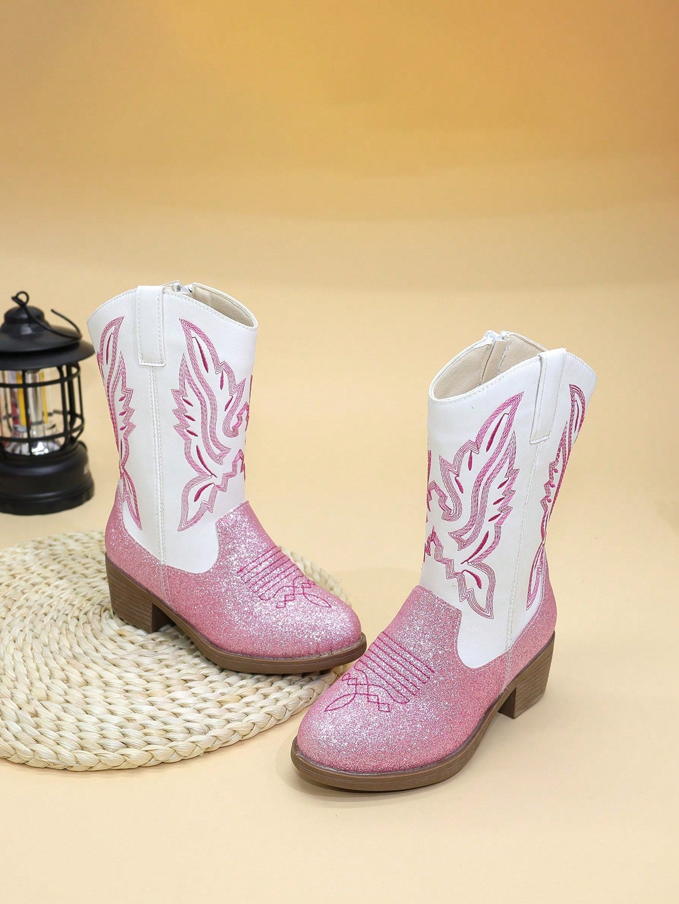 Childrens Boots Girls Shoes High Boots Mid-Calf Boots Embroidered High Heels Western Cowboy Boots Pointed Side Zipper