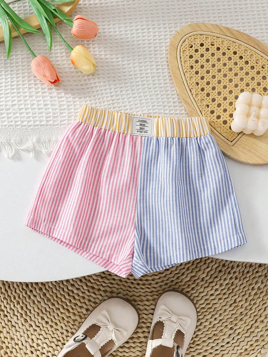 Young Girl Woven Color Block Striped Woven Tag Patchwork Shorts