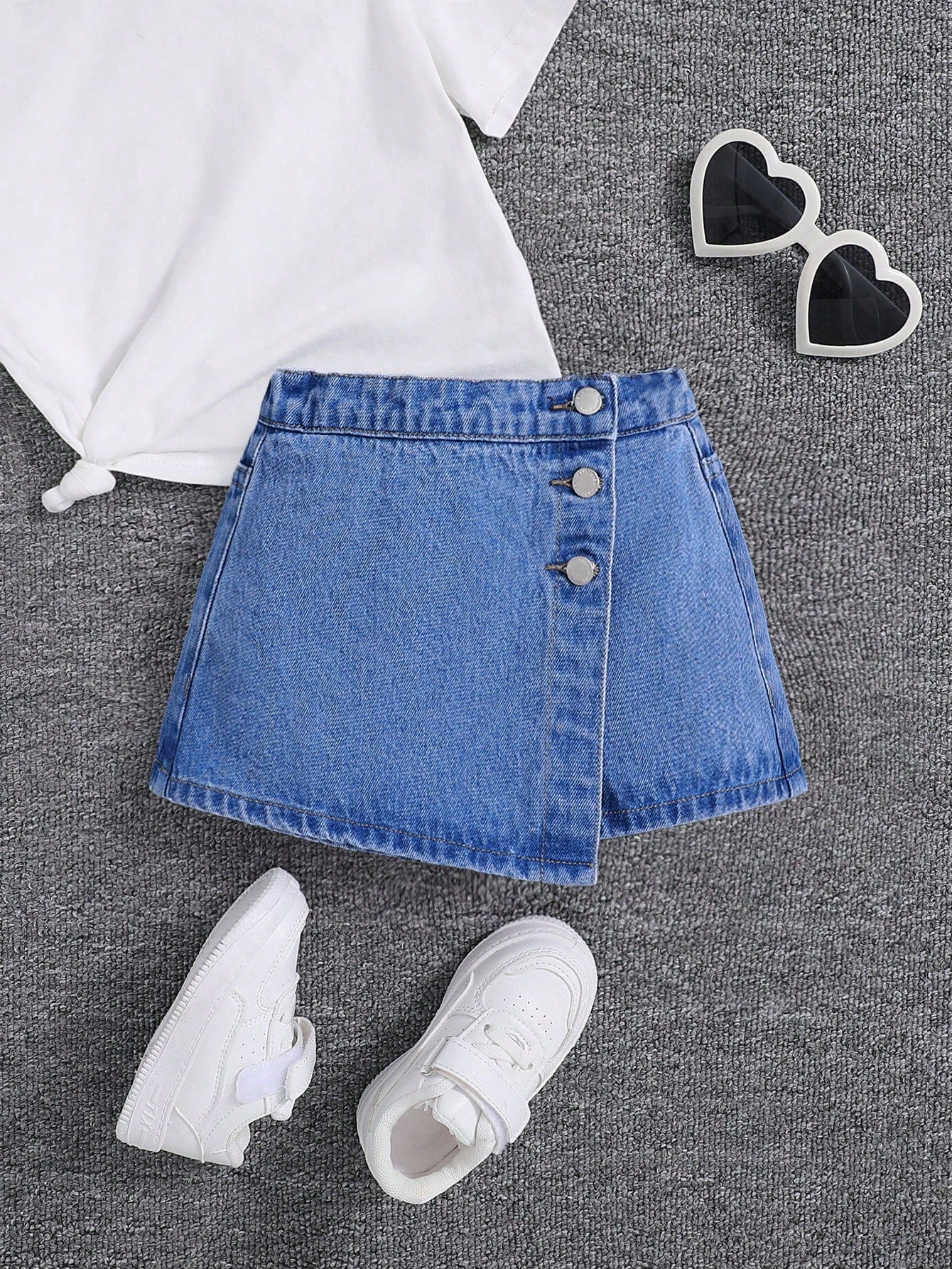 Young Girl Front Button Wrap Cross Asymmetric Hem Solid Color Denim Shorts