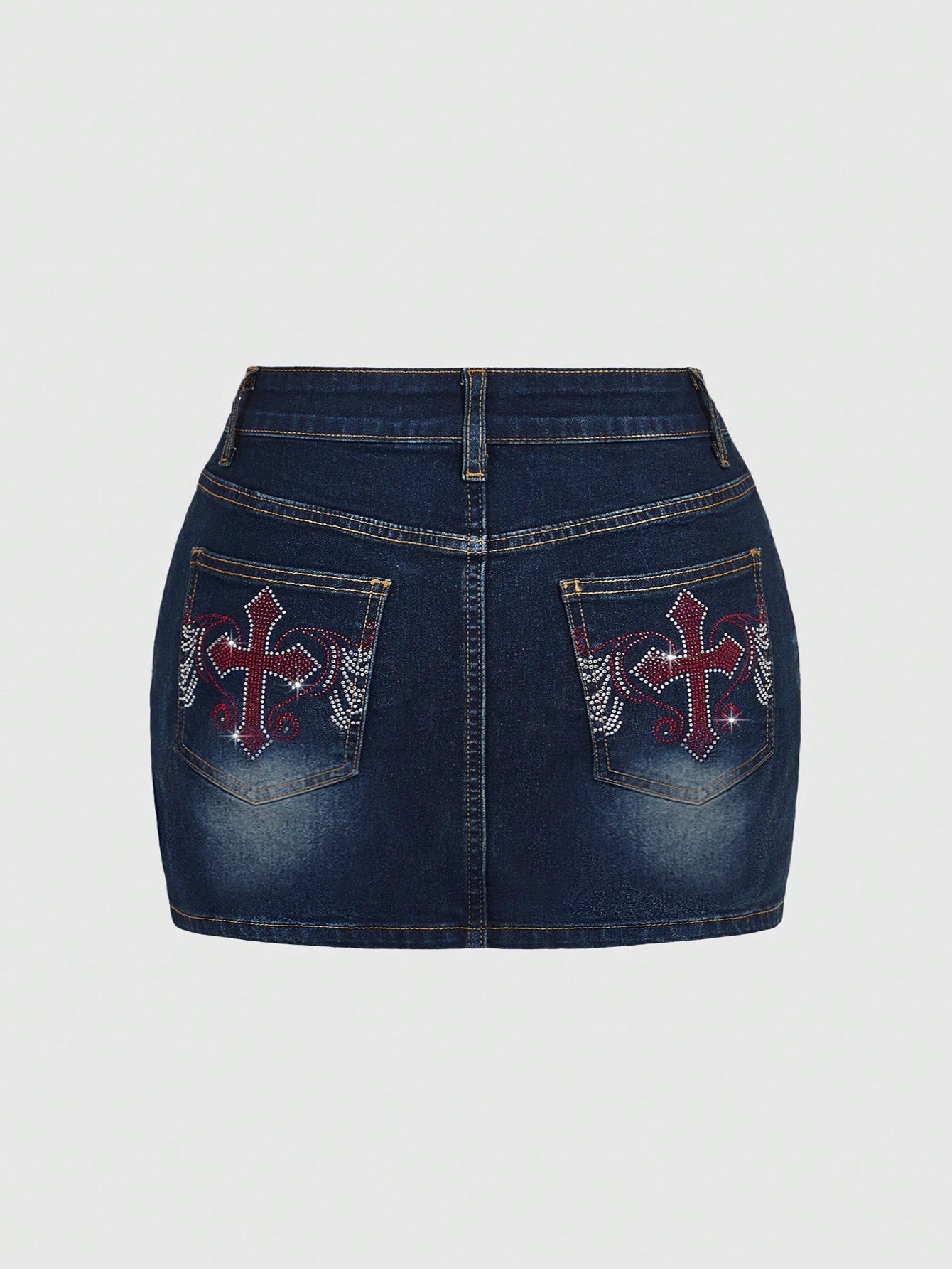 Punk Plus Size Summer Y2K Pocket Cross & Wing Rhinestone Denim Mini Skirt